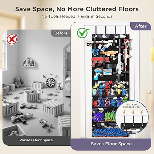 Miniatura 6 de Organizador sobre la puerta para pistolas de juguete, organizador de almacenamiento de pistolas de juguete colgantes con bolsillos y ranuras para
