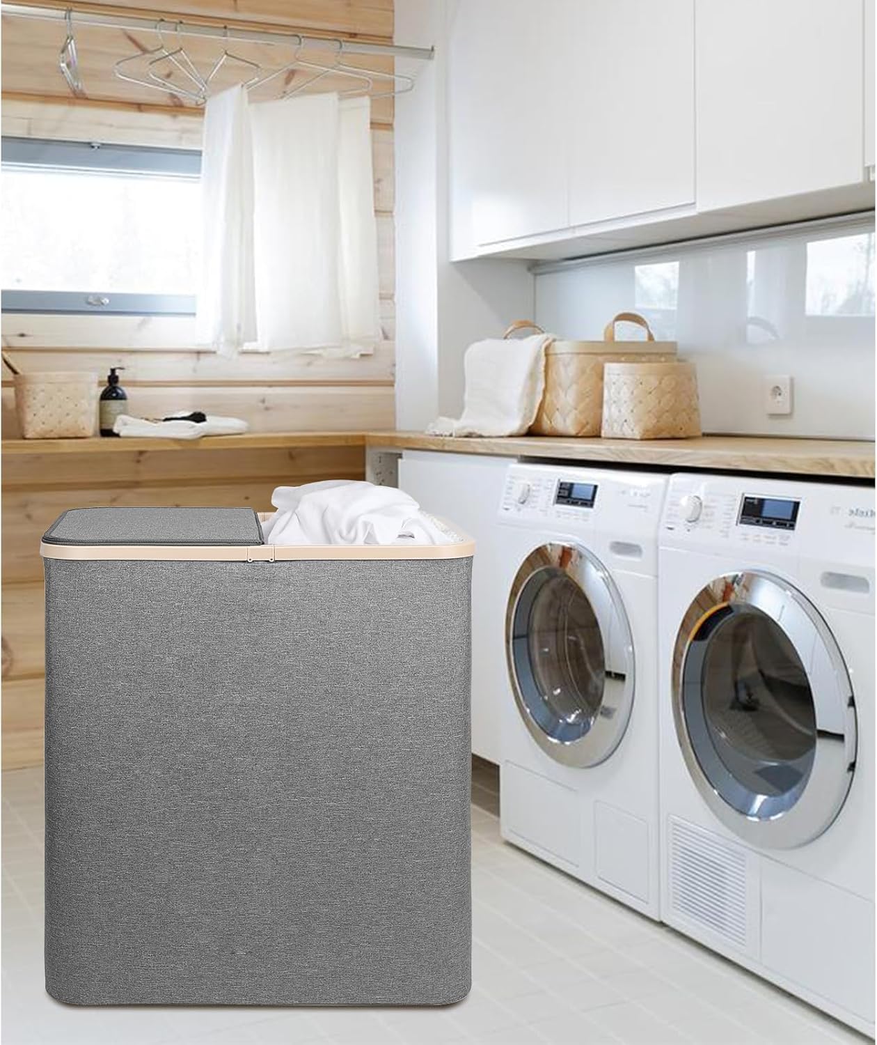 DOKEHOM 160L Double Laundry Basket with Removable Lid and Laundry Bags, Large Collapsible Laundry Hamper with 2 Sections (Dark Grey)