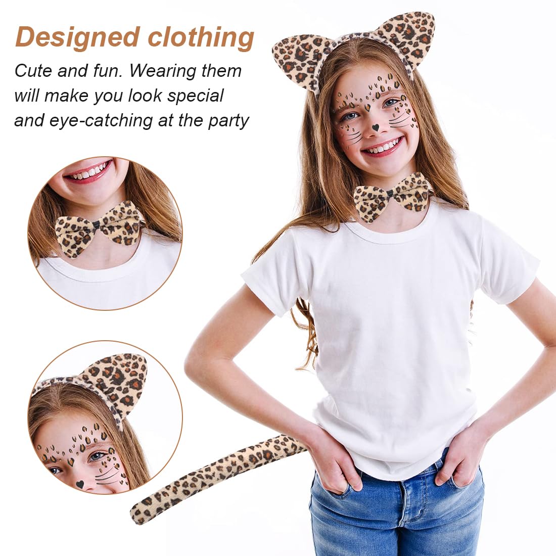 Leoparden Ohren Kostüm Set – Inkl. Haarreif, Armband & Tattoo-Sticker | Für Halloween, Karneval & Kostümpartys