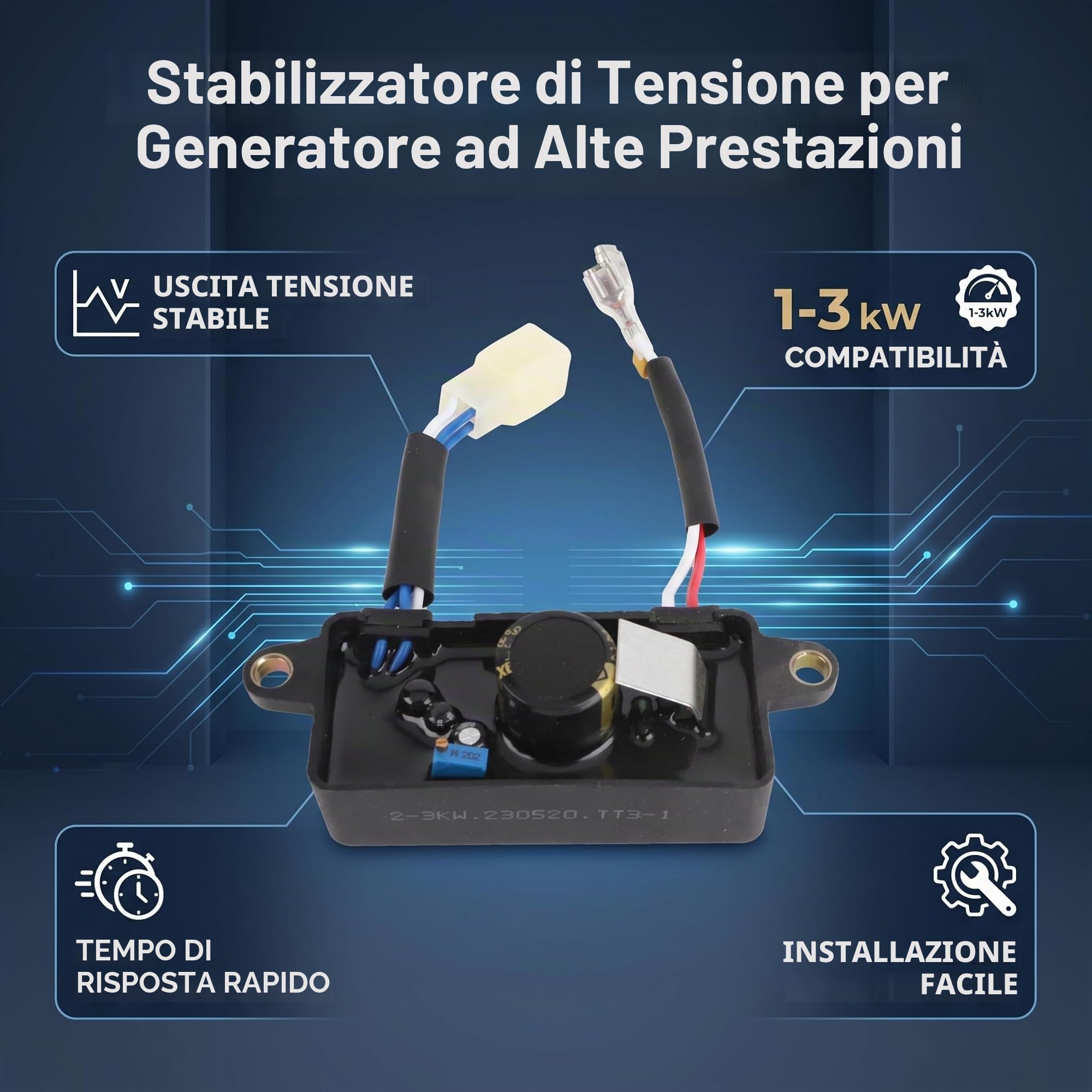 AVR - Regolatore di tensione universale per generatore da 1-3 kW e generatore di corrente, 2,8 KW, stabilizzatore automatico della tensione, 6 pin 10 cm, distanza tra i fori 220 μF 250 V (da -40 ℃ a +