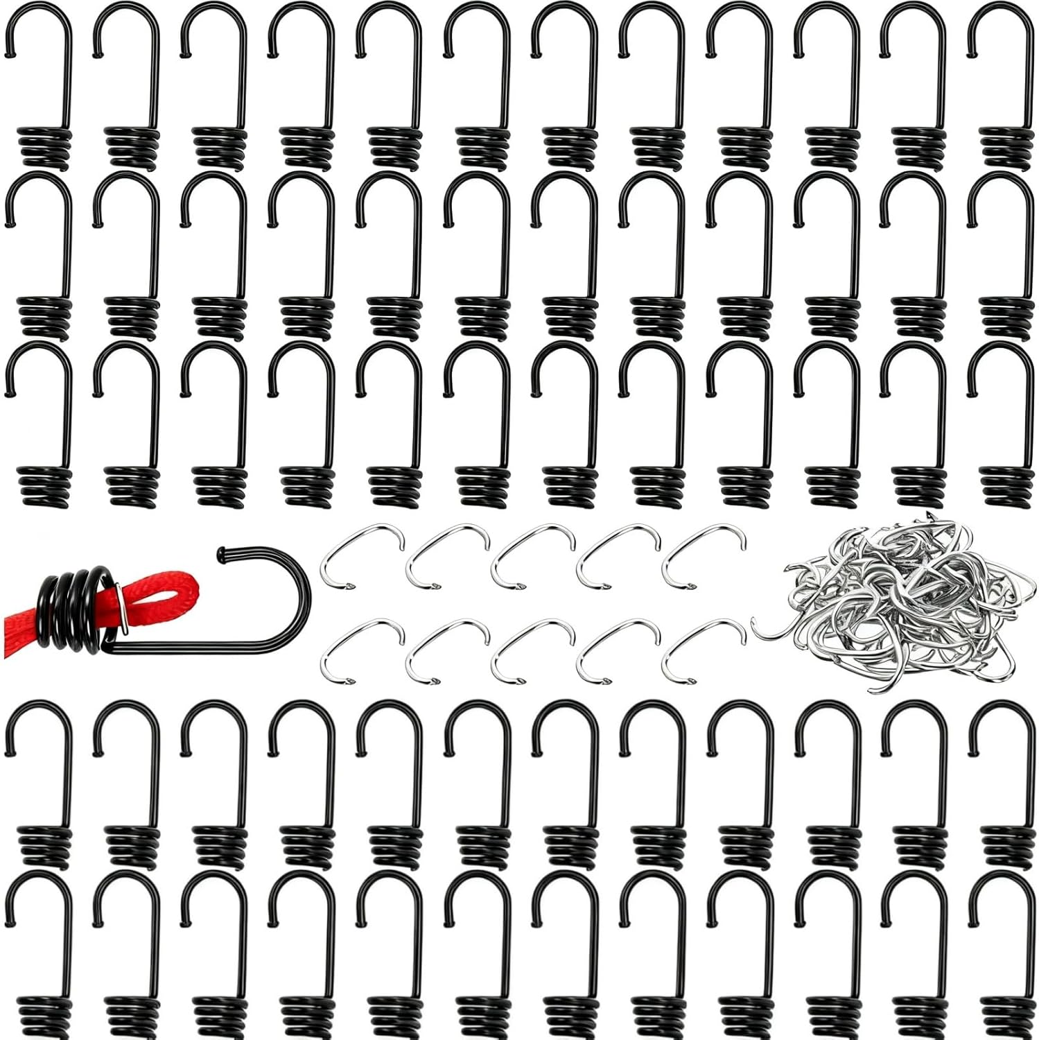 ZAVOOS 60 Pieces Bungee Cord Hooks, 3/8 Inch Plastic Coated Shock Cord End Hook with C Type Hog Rings for Elastic Rope Strapping Tap, Heavy Duty Spiral Terminal Wire Hooks for Boating, Camping Tarps