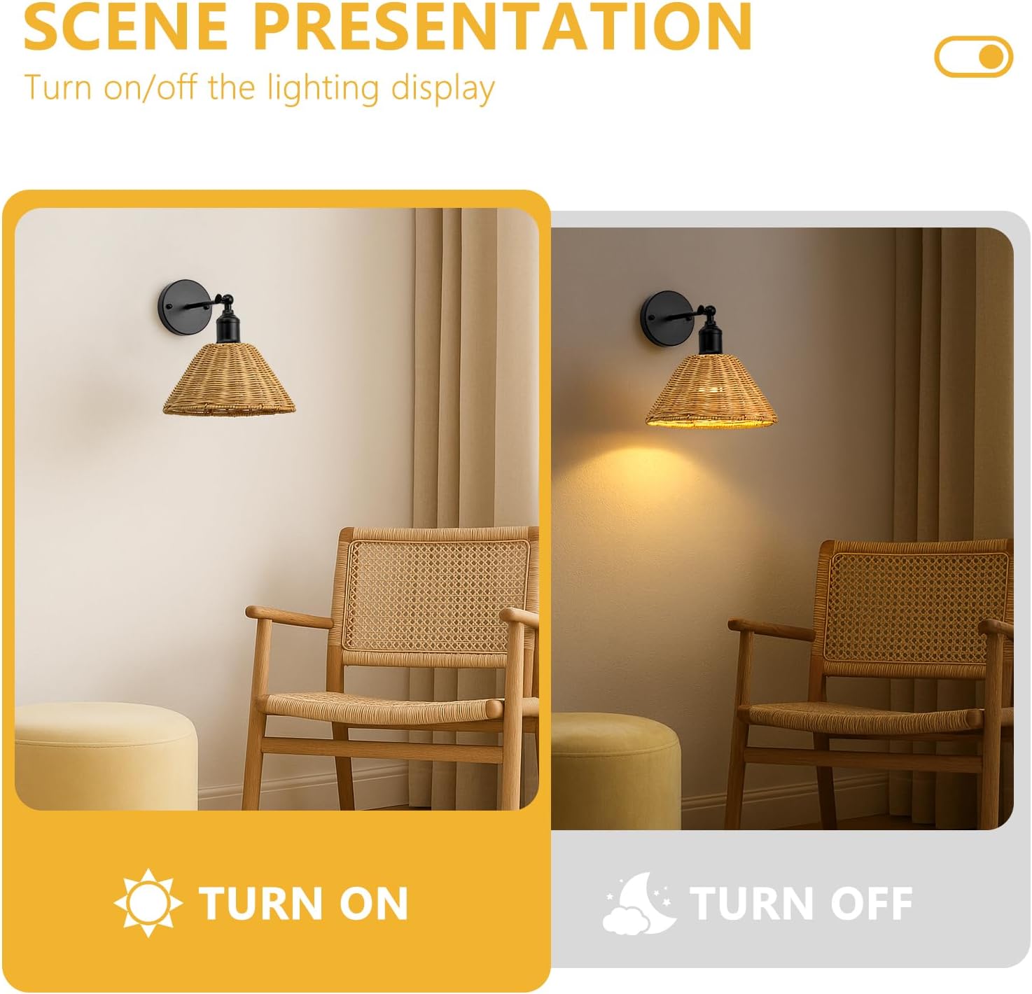 2 Pack Battery Operated Bamboo Rattan Wall Sconce, Black Vintage Rattan Dimmable Sconce, Unique Bohemian Style Design for Bedroom, Living Room, Kitchen