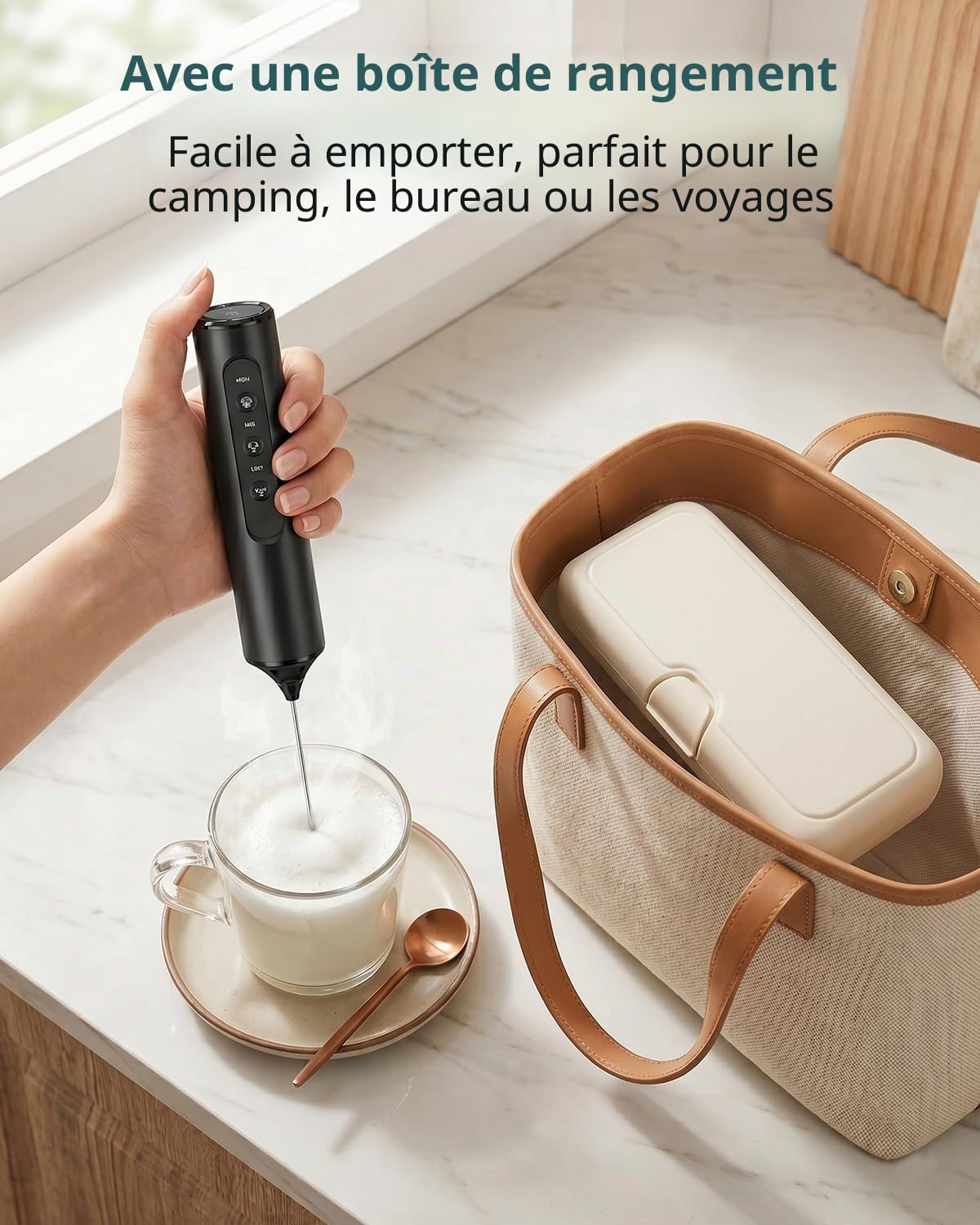 Mousseur à Lait Électrique Portable 3 en 1 avec Étui de Rangement, Mousseur Lait Rechargeable avec 3 Vitesses Réglables, Qualité Alimentaire, Accessoires Détachables pour Latte, Cappuccino, Café