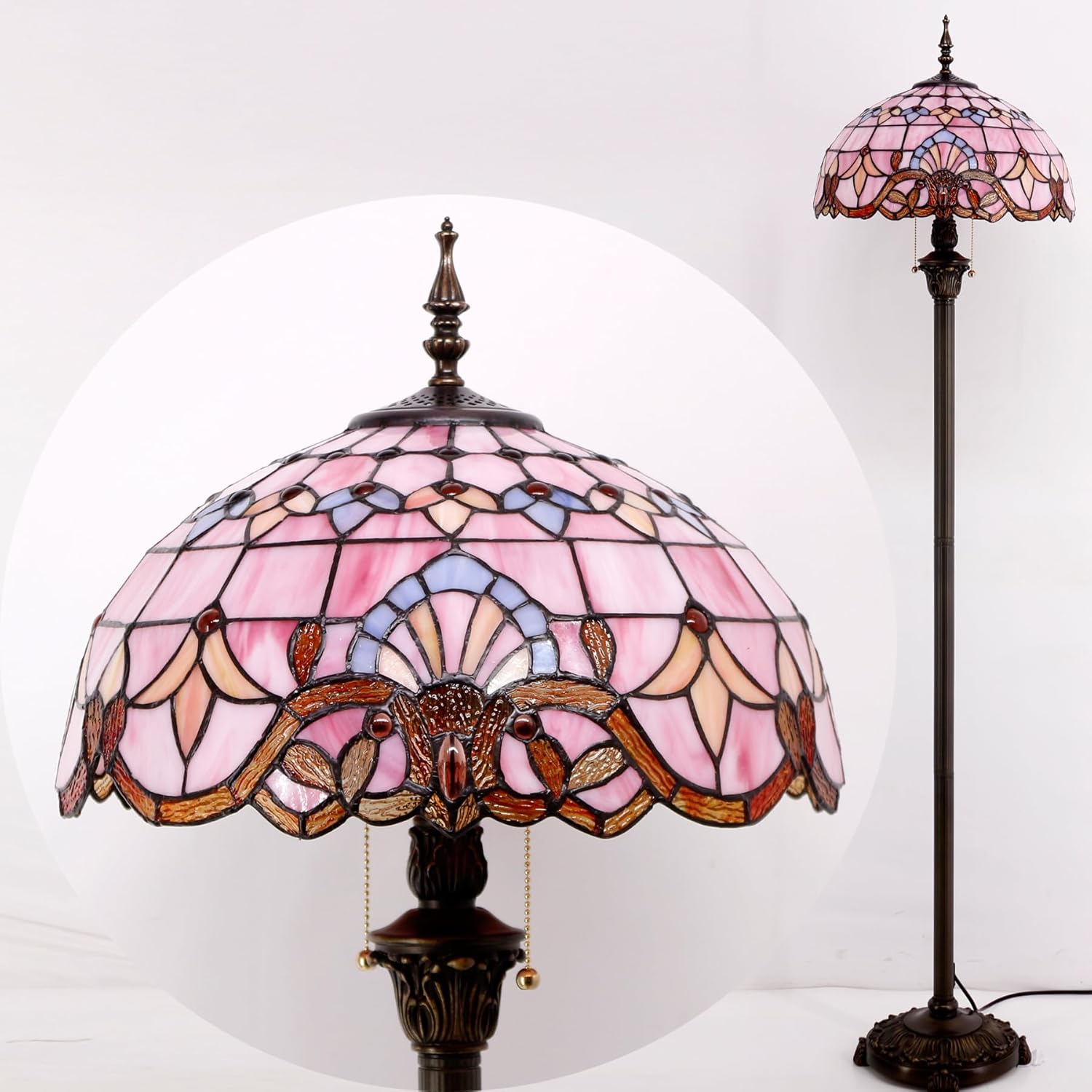 WERFACTORY Tiffany Floor Lamp Pink Baroque Stained Glass Standing Reading Light 16X16X64 Inches Antique Pole Corner Lamp Decor Bedroom Living Room Home Office S003P Series