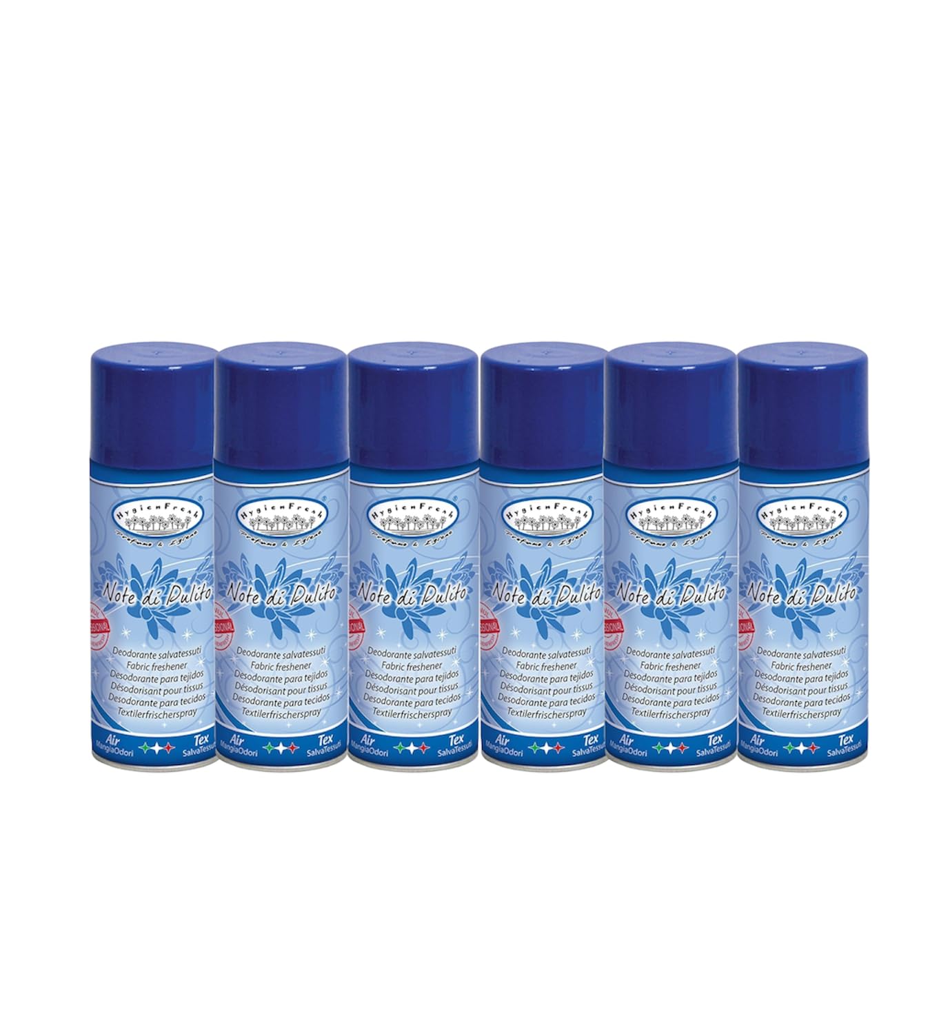 HOME PRO Kit de 6 aerosoles desinfectantes – Notas de limpieza – Desodorante profesional multiusos para tejidos y ambientes, elimina olores, protege tejidos – 6 x 400 ml – Fabricado en Italia