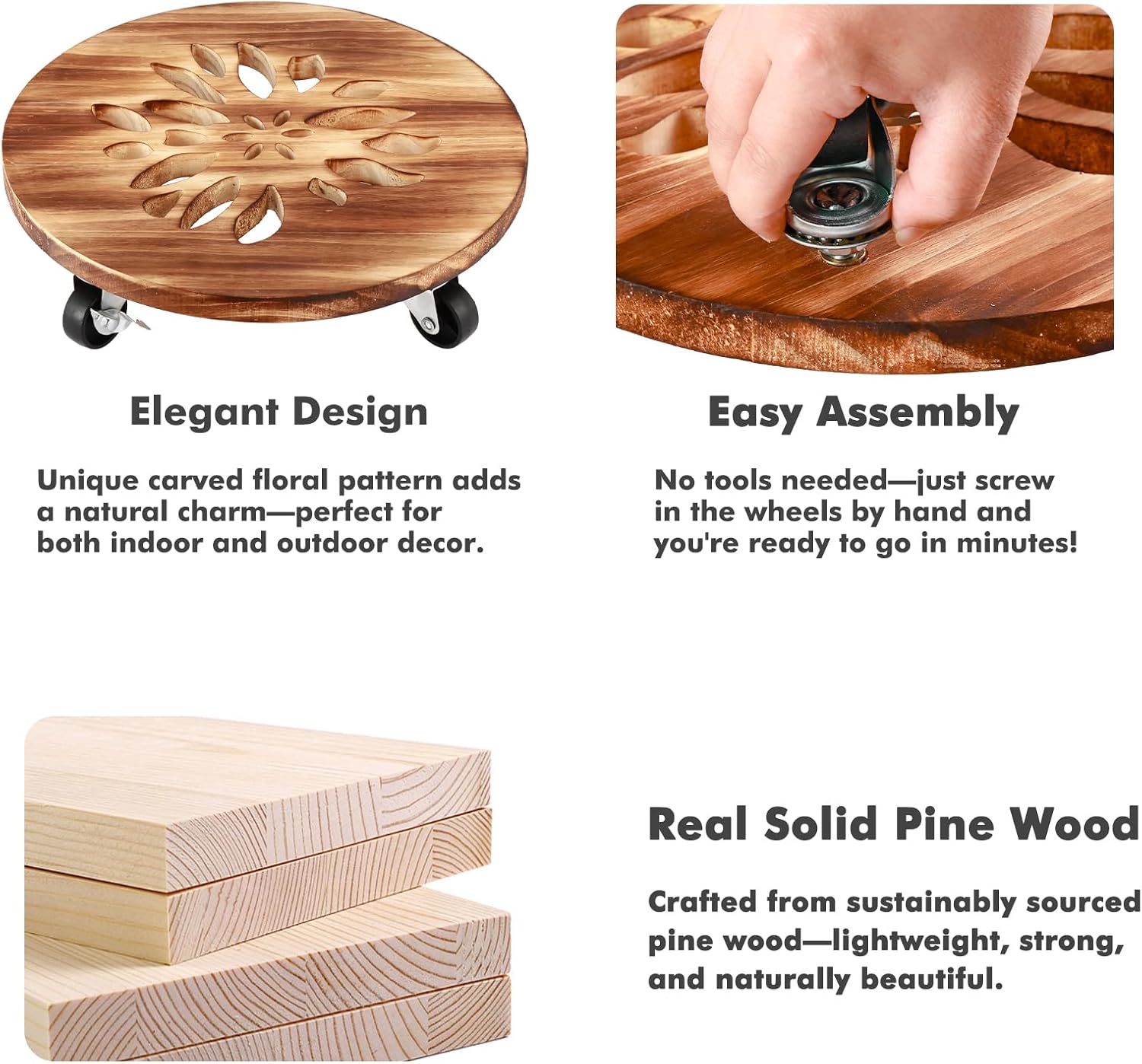 4 Pack Plant Caddy with Wheels Heavy Duty 12 Inch Wooden Plant Stand with Wheels Plant Dolly Rolling Plant Stand Plant Roller with Casters for Indoor and Outdoor with 4 Pack Plant Saucers, Round