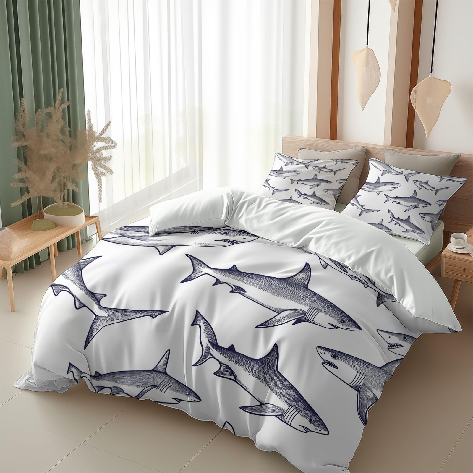 Komplet pościeli 200 x 200 cm, dla dorosłych, chłopców i dziewczynek, minimalistyczny wzór rekina 2-osobowa poszwa na kołdrę z mikrofibry z zamkiem błyskawicznym, 3-częściowy z 2 poszewkami