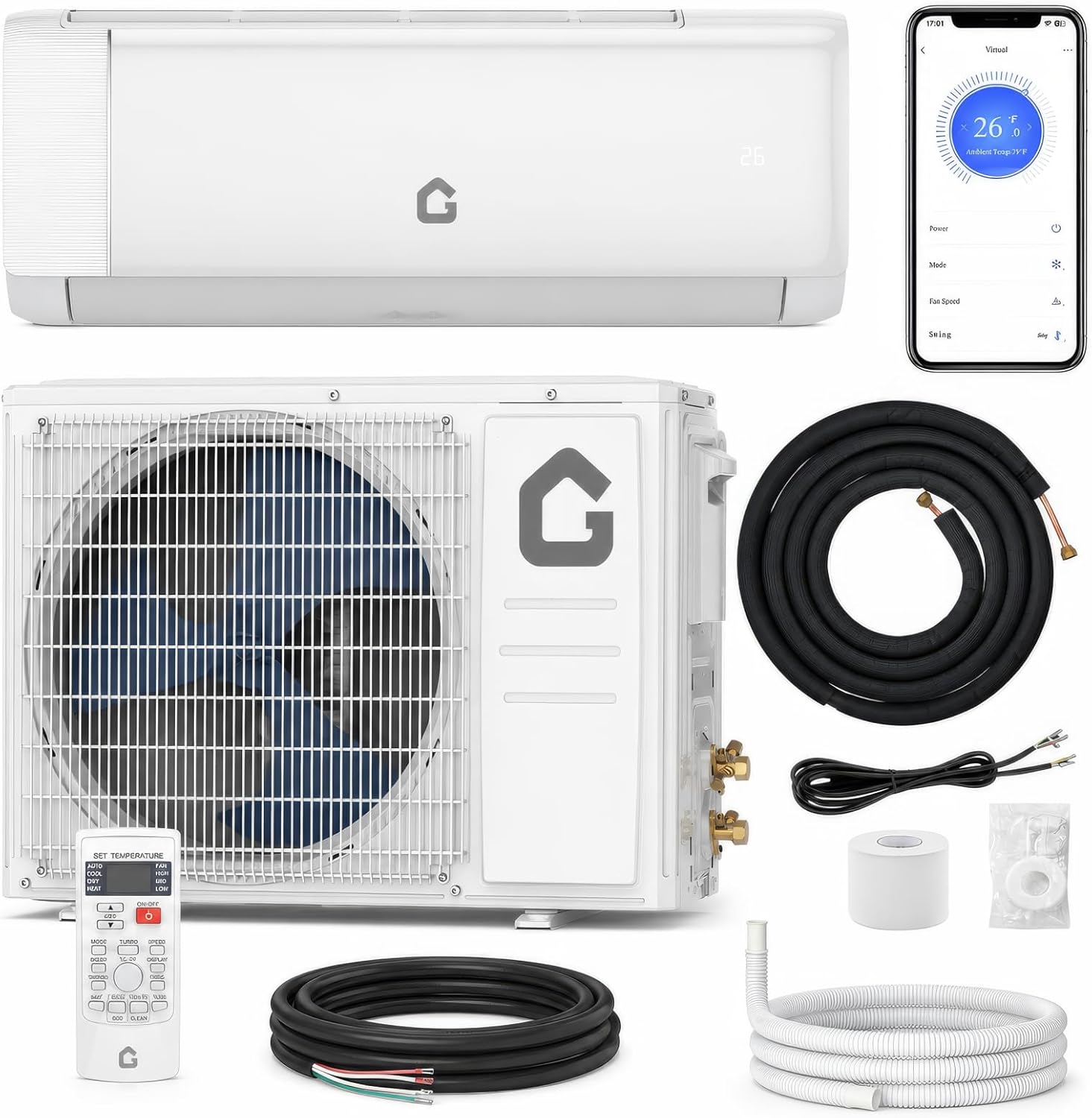 GarveeTech 12000 BTU Mini Split AC/Heating System, 1 Ton Ductless Mini Split Air Conditioner & Heater, 21 SEER2 115V, Wi-Fi Enabled with R32 Refrigerant, Cools Up to 750 Sq. Ft, Turbo/ECO Modes