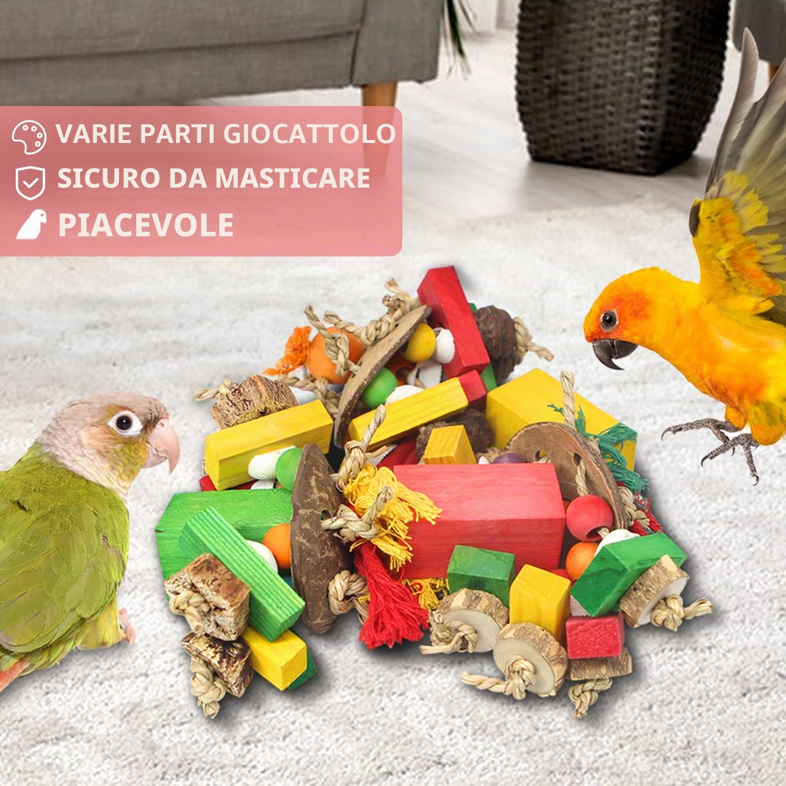 Pappagallo giocattoli e accessori per pappagalli, giocattoli da masticare per uccelli con noci naturali, gabbia da appendere con blocchi di legno colorati per pappagallini africani grigio