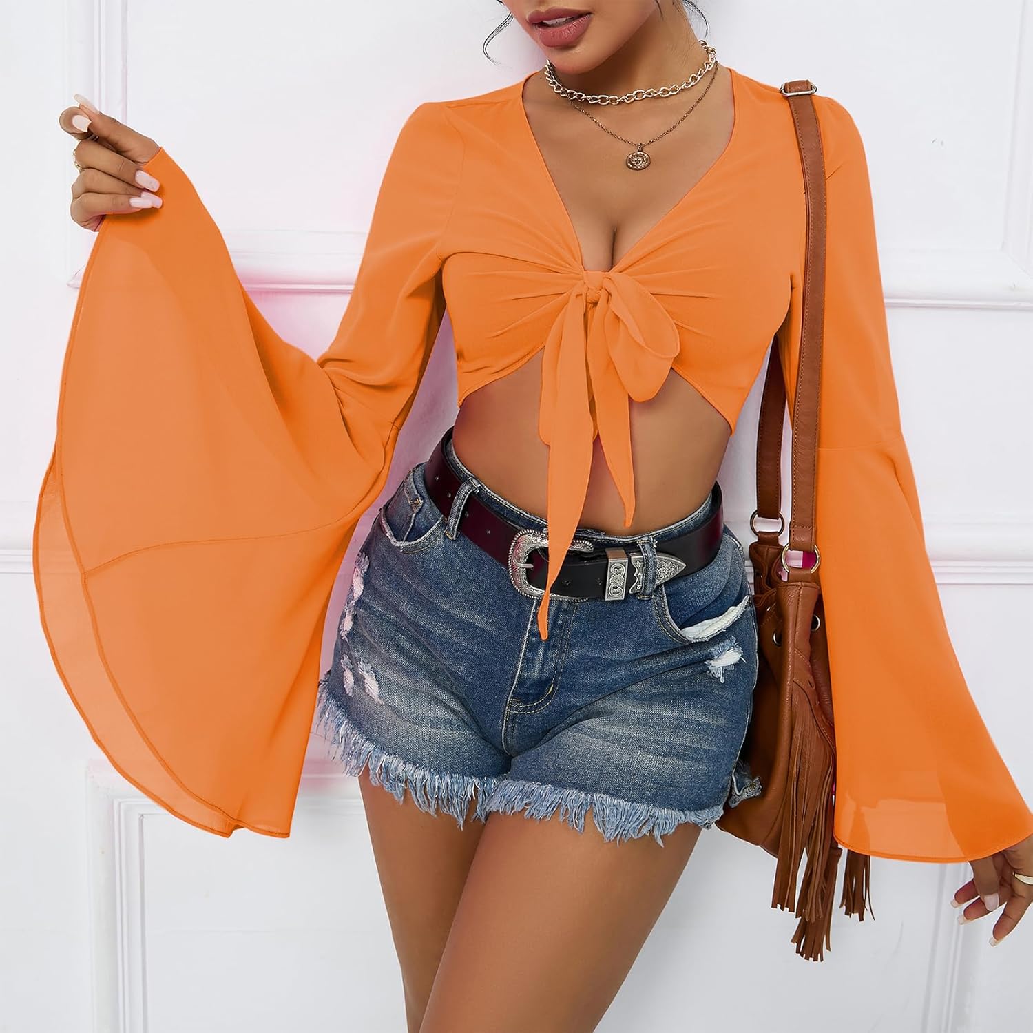 Mesh Tops for Women Bell Sleeve Rave Outfits Tie Front Crop Top Long Sleeve Shirt Sheer Blouse Festival - Image 3