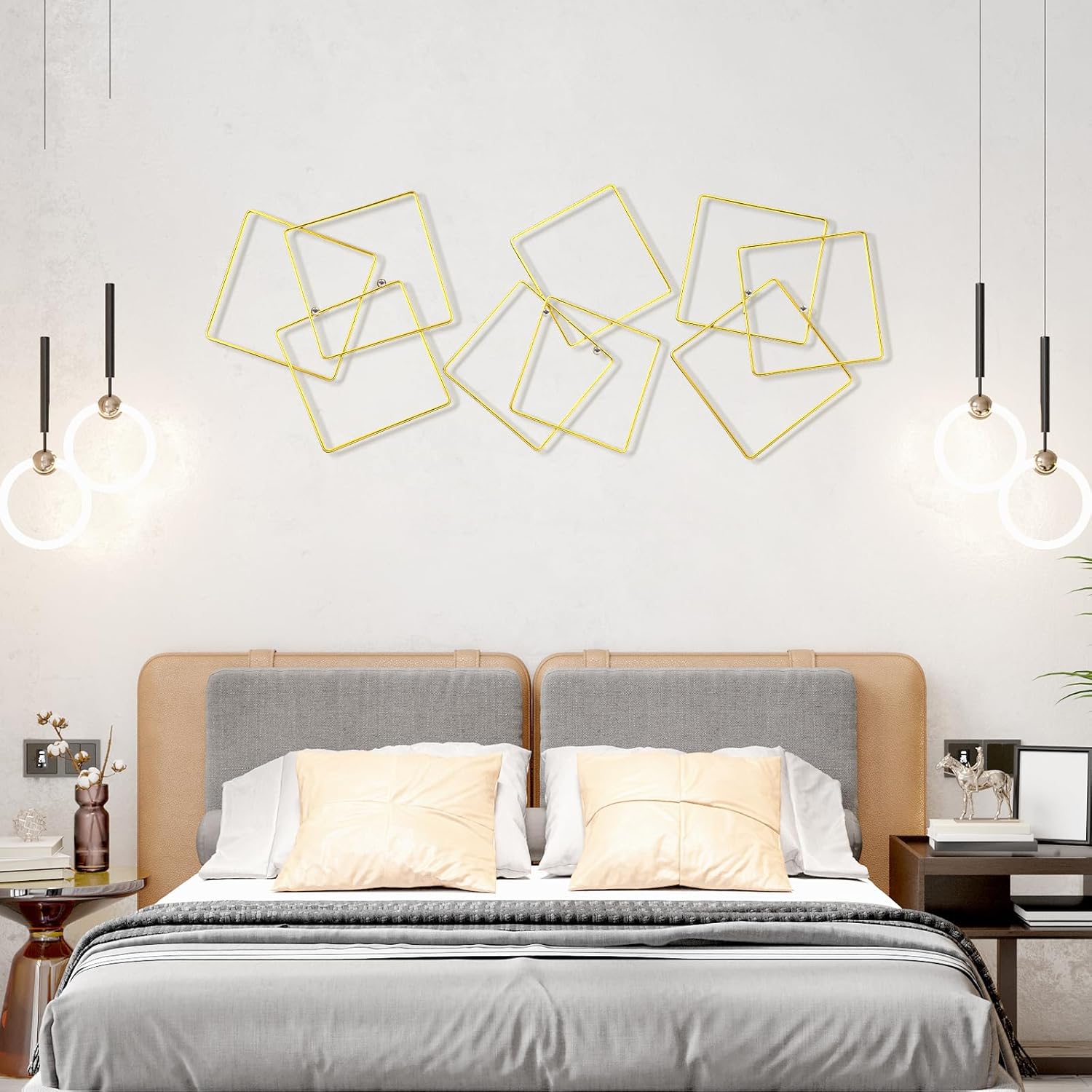 Hicarer 3 Pcs Interlocking Rings Wall Sculpture Gold Metal Home Wall Decor Abstract Aesthetic Gold Decoration for Art Bedroom Living Room Bathroom Home(Square)