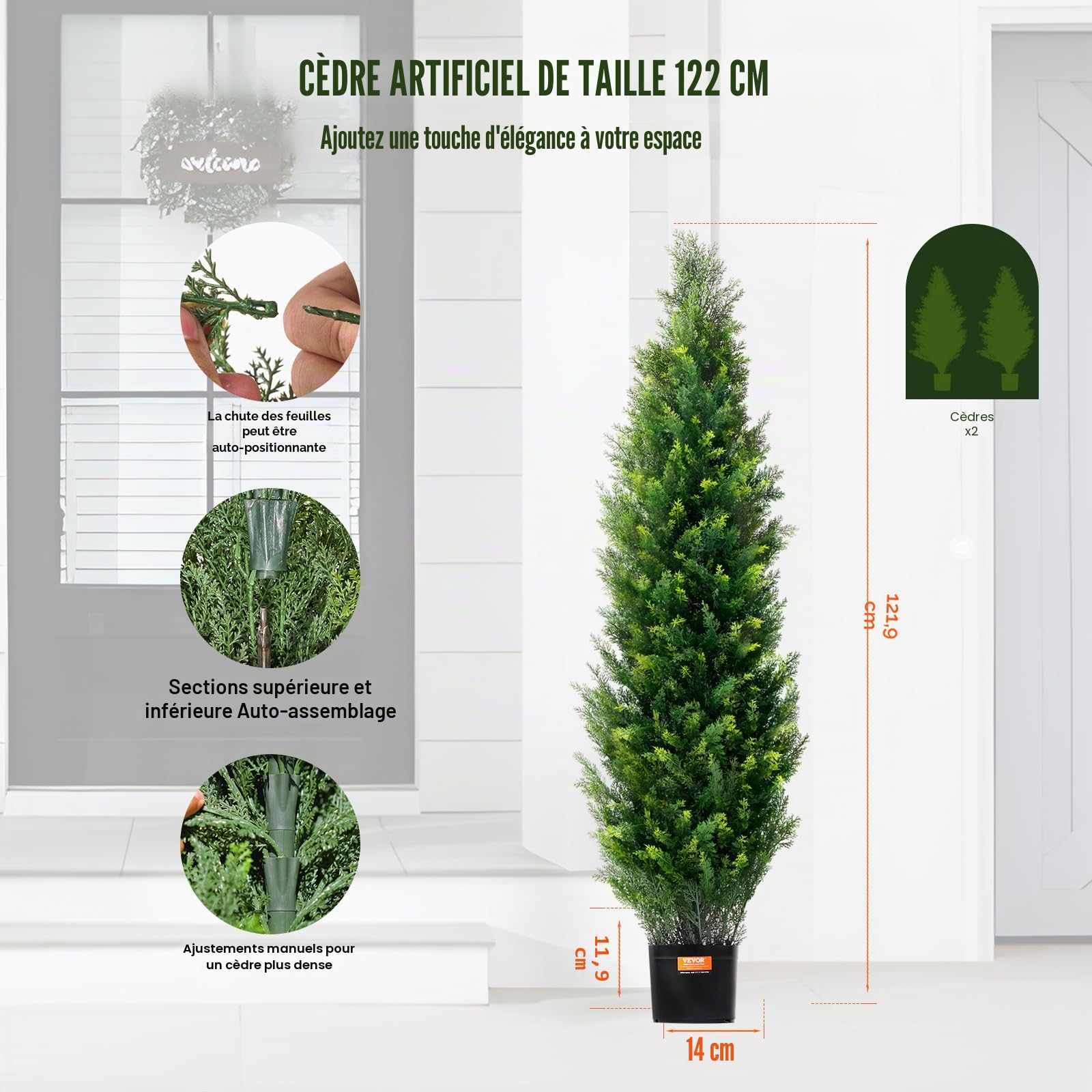 VEVOR Arbre Topiaire Artificiel Cèdre, Lot de 2, 121,9 cm, avec Feuilles Supplémentaires et Pot, Feuilles Persistantes, Résistante aux UV, Ensemble Plante Artificielle pour Déco Intérieur Extérieur