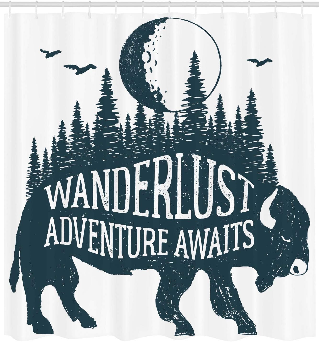 Ambesonne Adventure Shower Curtain, Hand Drawn Buffalo Lettering Forest and Moon Journey Theme Print, Cloth Fabric Bathroom Decor Set with Hooks, 69" W x 84" L, Dark Petrol Blue and White