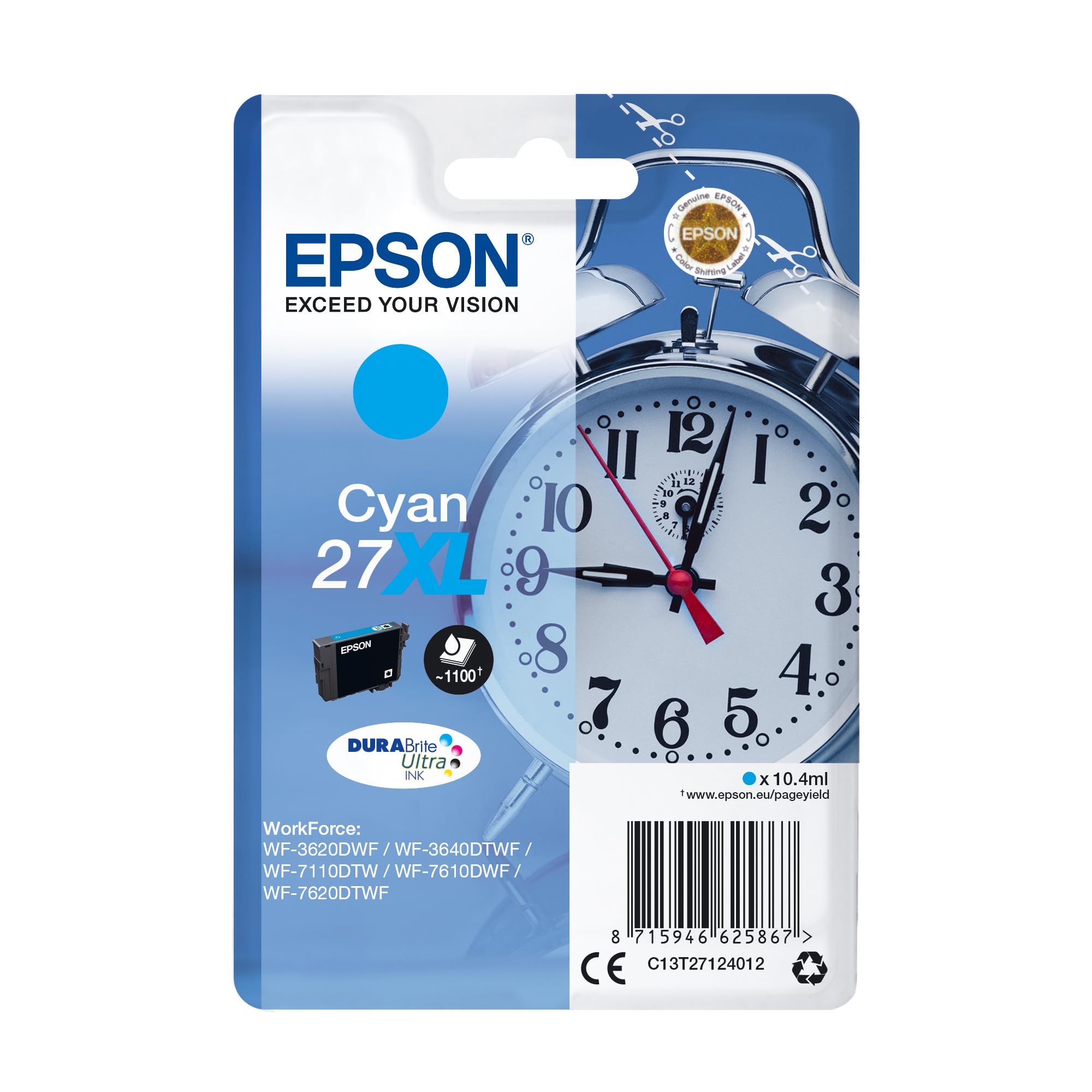 Epson Original 27XL Tinte Wecker (WF-3620DWF, WF-3640DTWF, WF-7110DTW, WF-7210DTW, WF-7610DWF, WF-7620DTWF, WF-7710DWF, WF-7715DWF, WF-7720DTWF), cyan