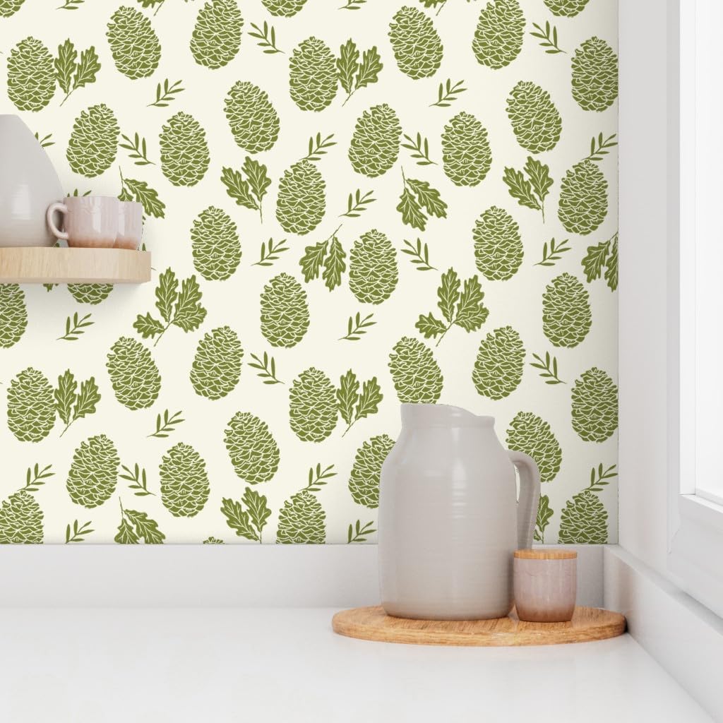 Peel & Stick Wallpaper 3ft x 2ft - Pinecone Winter Camping Woodland Cream Green Nature Outdoors Pinecones Custom Removable Wallpaper by Spoonflower