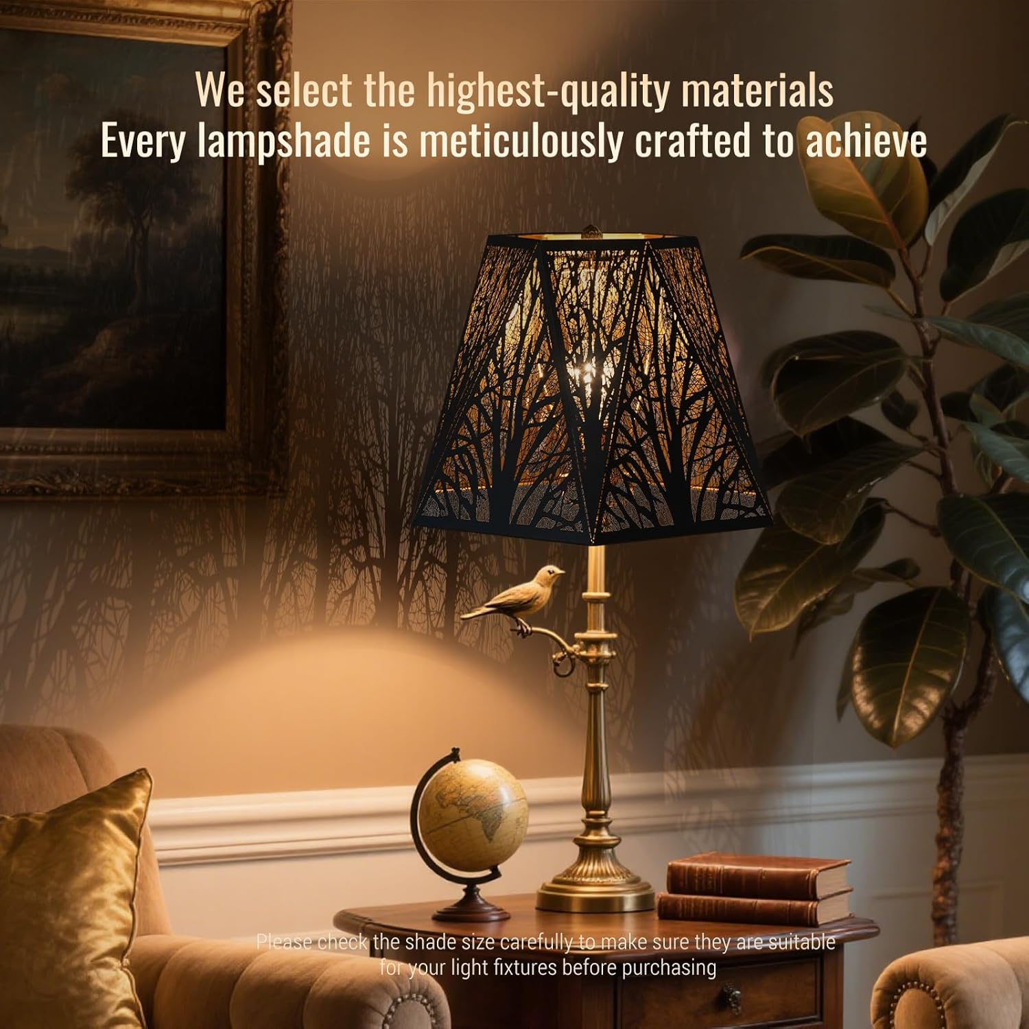 Lampshade Bell Lamp Shade 13.8" Width x 9.5" High x 1.63" Fitter (Spider) Metal Black Gold Medium Lamp Shades for Table Lamp and Living Room Lamps - Forest Etched - Hexagonal Lampshades Replacement
