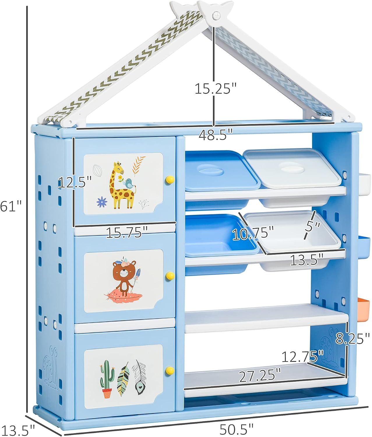 Qaba Kids Toy Storage Organizer with 4 Bins, Storage Cabinets, Bookshelf and 4-Layers Toy Collection Shelves, Blue