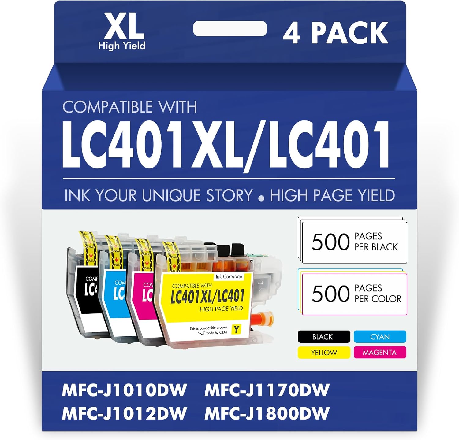 Cool Toner LC401XL LC401 MFC-J1010DW Ink Cartridges for Brother Printer LC 401 401XL for MFC-J1010DW MFC-J1170DW MFC-J1012DW MFC-J1800DW MFC J1010DW - 4 Pack High Yields Black Cyan Magenta Yellow