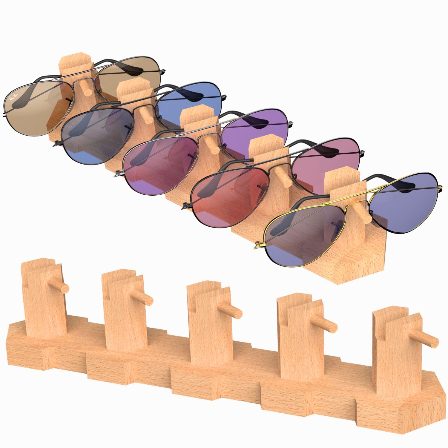 VOREN Soporte organizador de gafas de sol de madera de haya, estante de almacenamiento de gafas de alta calidad para 5 pares, soporte estable y sin montaje para gafas de sol y exhibición de gafas de