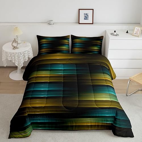 Feelyou Kids Yellow Teal Ombre Comforter Set Full Size Geometric Abstract Striped Bedding Set for Boys Girls Teens Bedroom Modern Geometry Decor Comforter Women Men Quilt Set