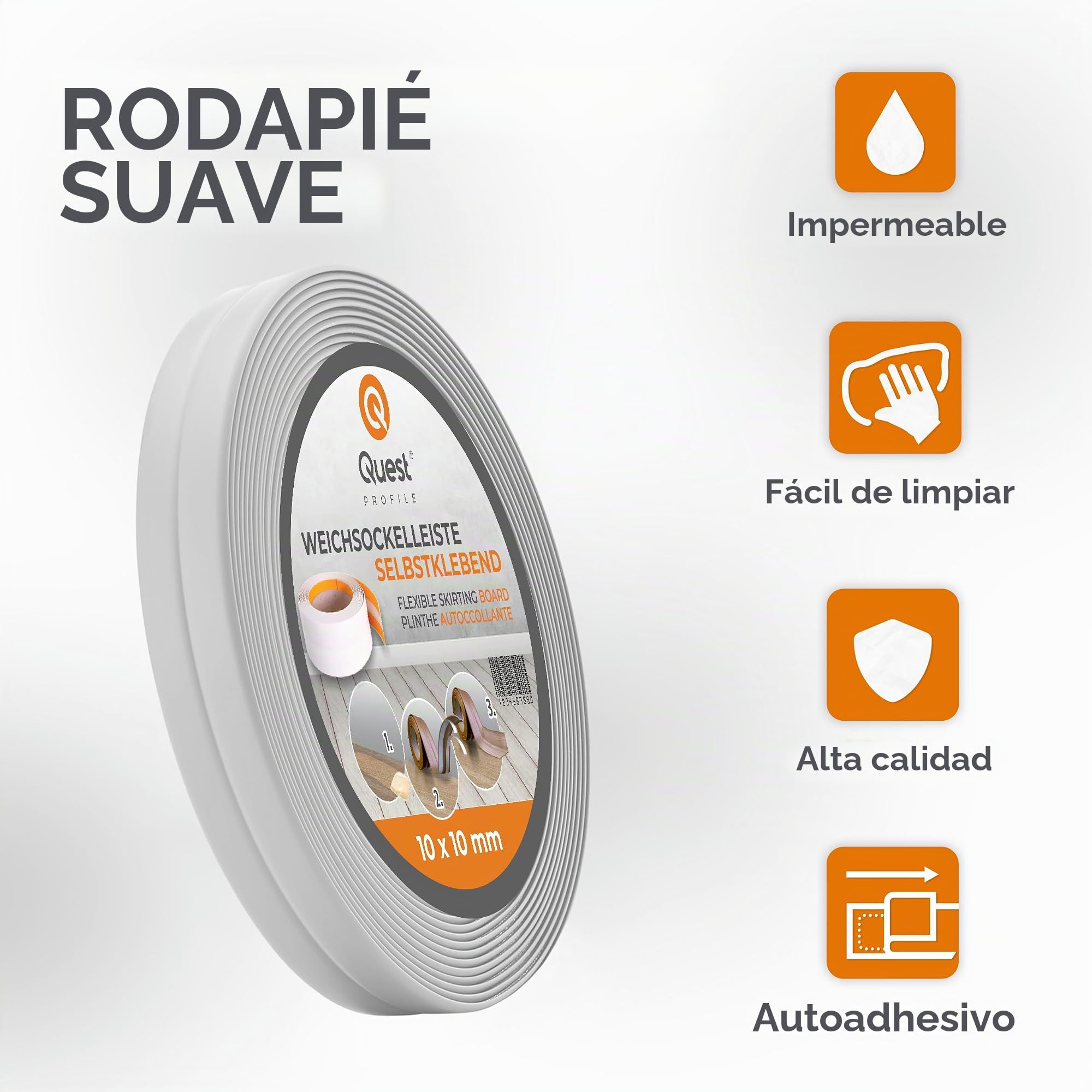 Quest Rodapiés Flexible Autoadhesivo, Rodapié Plegable para Cocina, Baño, Cinta de sellado - Perfil PVC, Estanco, Decorativo - 10 mm x 10 mm - (Gris claro, 5m)