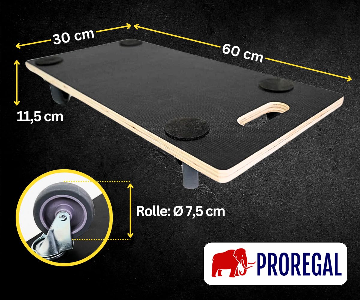 PROREGAL 2erSet Profi Transportroller Hercules 60x30 cm Schwerlast bis 200 kg mit 4 Gummirollen & Griff, Siebdruckplatte rutschfest, Rollbrett für Möbel Waschmaschine Möbelroller Pflanzen Werkstatt