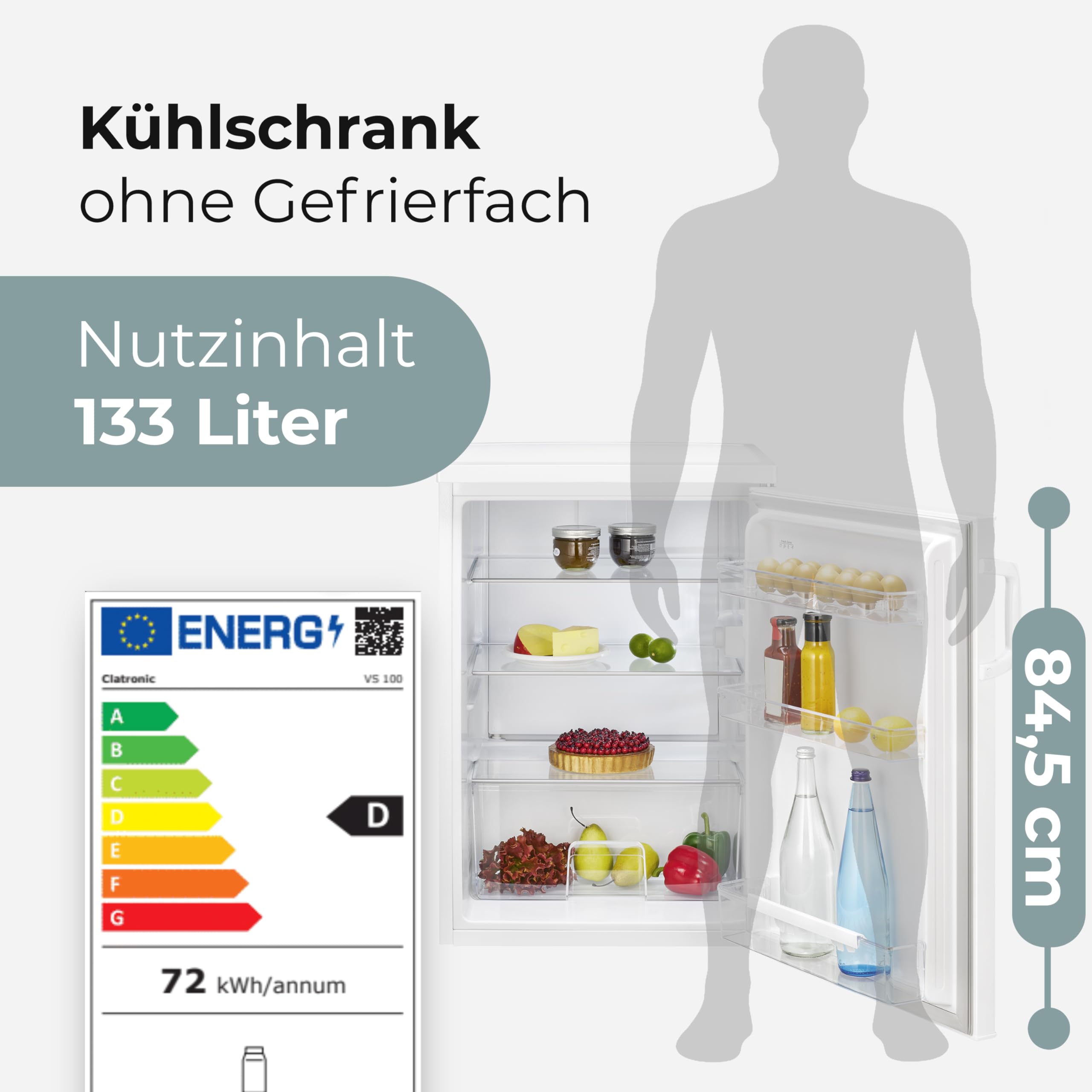 Clatronic Kühlschrank ohne Gefrierfach 84,5cm 133L Energieklasse D leise 39dB Türanschlag wechselbar VS 100 weiß