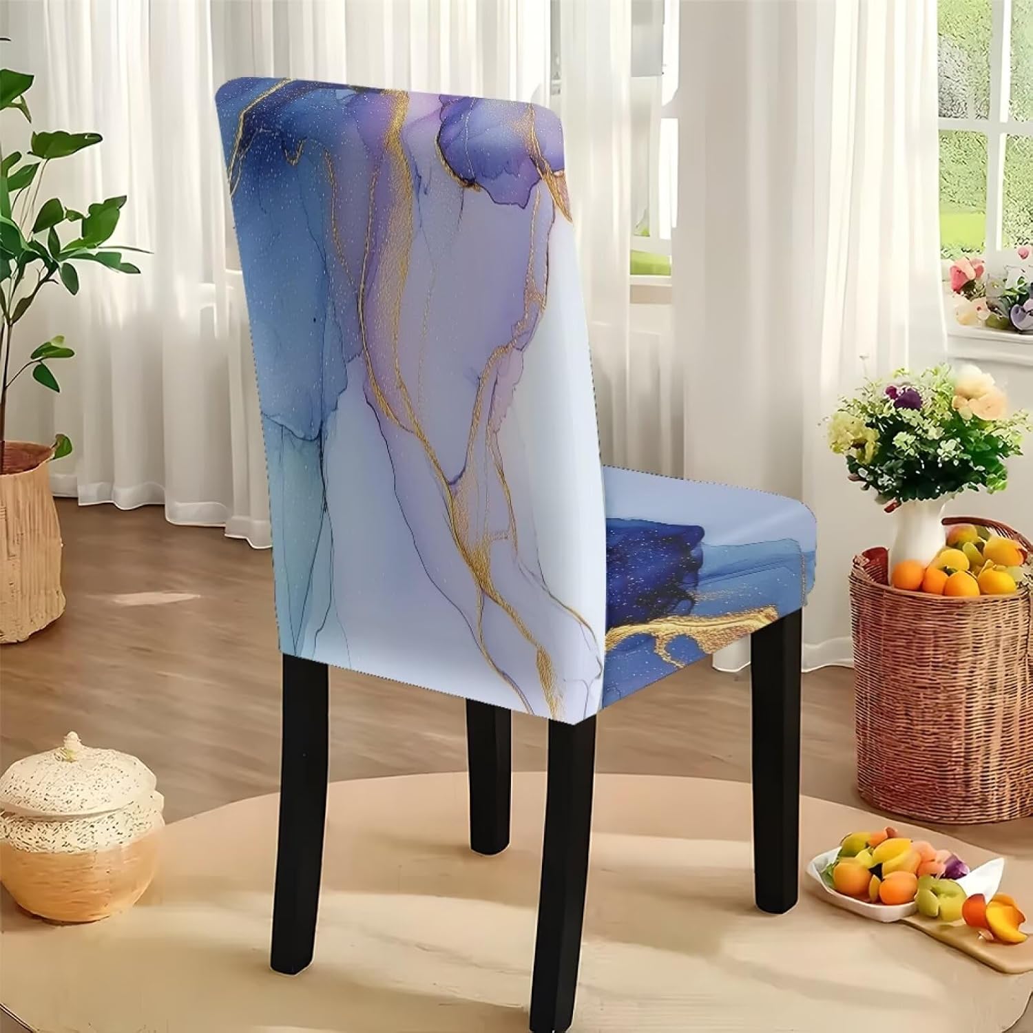 Dining Chair Covers Set of 7 Include Dining Room Table Cloth Rectangle and Parsons Chair Slipcovers, Removable Seat Protector Anti-Wrinkle Soft Tablecloths, Marble Blue Violet Gold