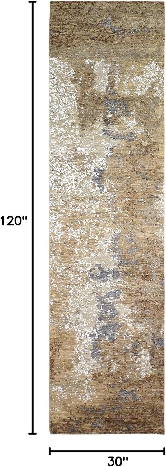Brown Abstract Design Wool and Silk Hi-Low Pile Denser Weave Hand Knotted Runner Oriental Rug(2'6"x10')