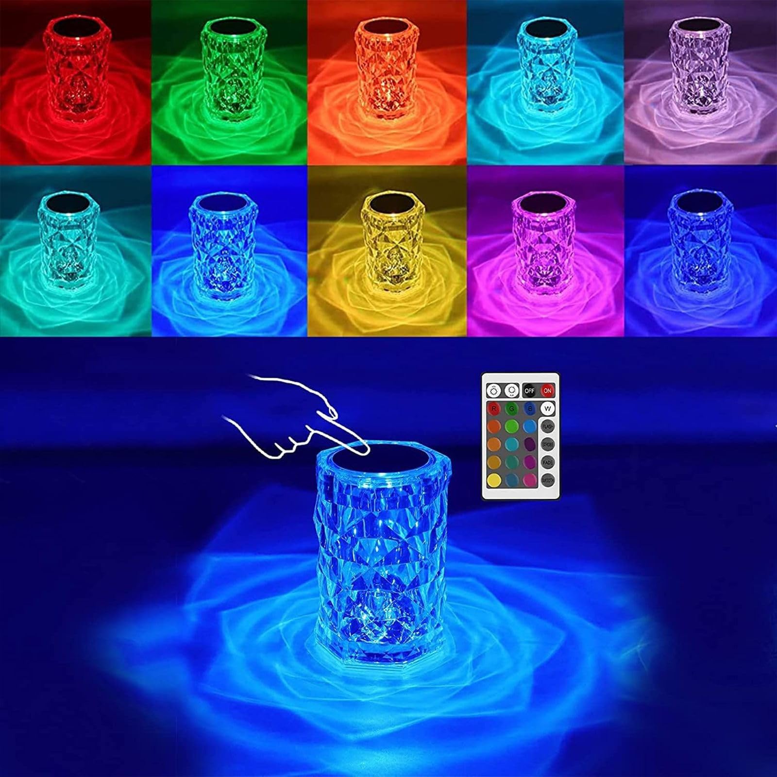 Doni Bomboniere 5 lámpara de mesa LED batería recargable efecto cristal diamante en forma de cilindro transparente Touch 16 tonos de luz RGB, diseño elegante ideas regalo cromoterapia