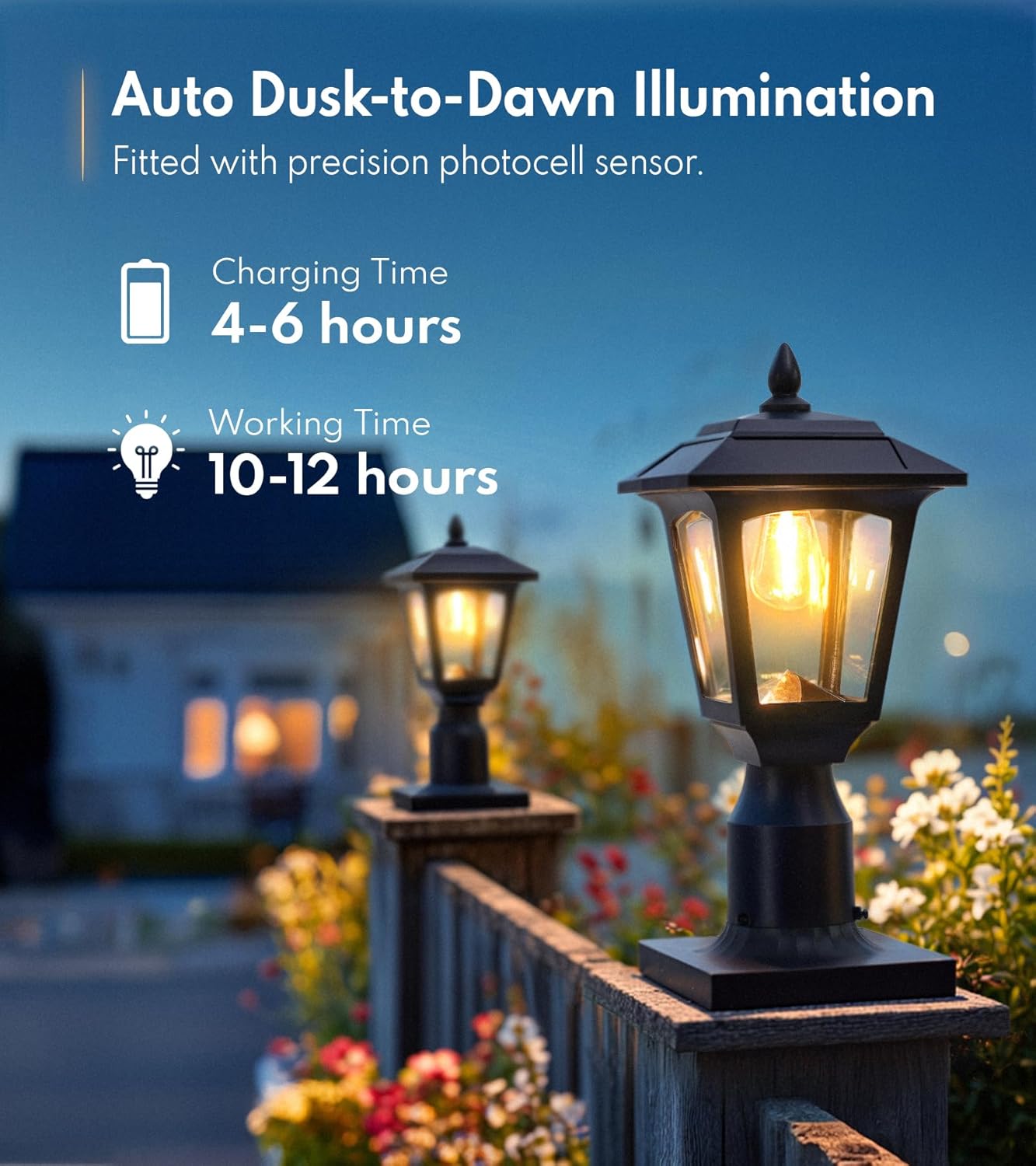 PASAMIC Solar Post Light 2 Pack, 3000K Automatic Dusk to Dawn Outdoor Solar Lamp with Aluminum Base, Waterproof Pillar Light for Fence, Garden, Yard, Patio,Outside Decoration– Bonus Bulb Included
