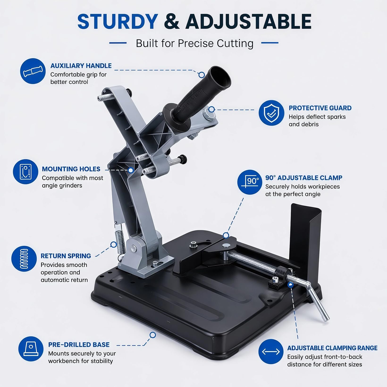 Uchwyt do szlifierki kątowej, stojak do oddzielania 180-230 mm, aluminiowy stojak z kątem regulacji 0-45°, głębokość cięcia 65 mm, srebrne akcesoria do szlifierek drewnianych i metalowych