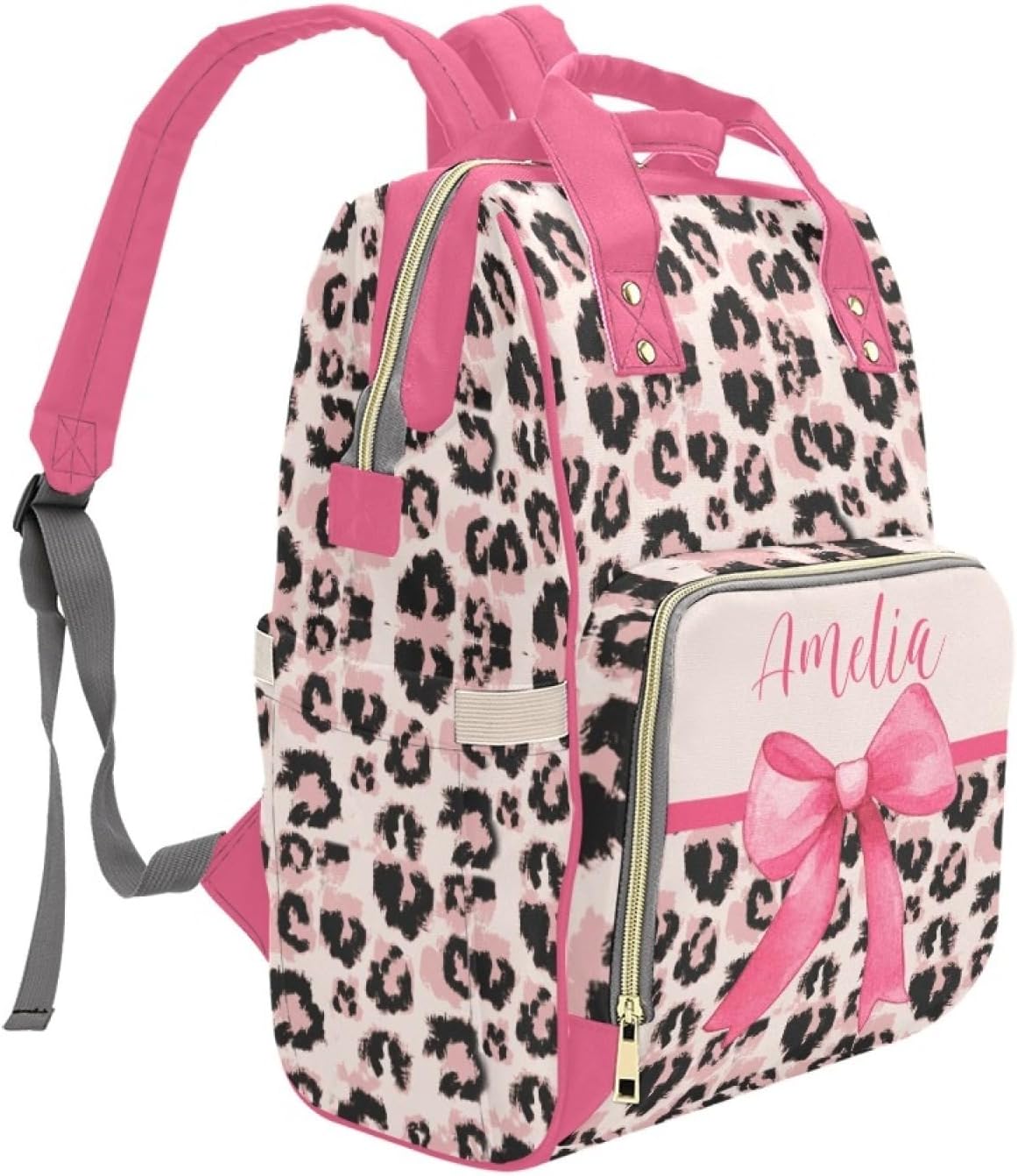 Personalized Diaper Bag with Name, Custom Bow Leopard Pattern Diaper Backpack for Baby Girls, Nappy Backpack with Thermal Pockets for Women Mom, Large Capacity Mommy Daypack