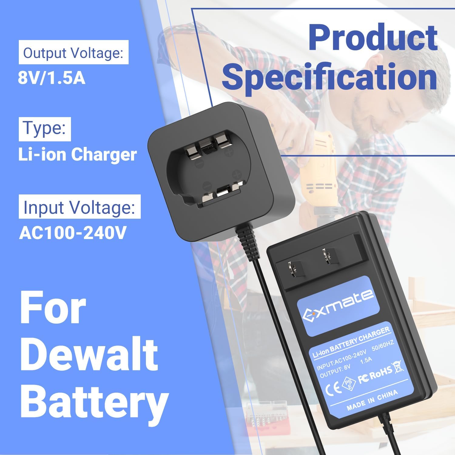 Exmate 8V Li-ion Battery Charger Compatible with Dewalt DCB080 DCF680N1 DW4390 DCF680N2 DCF680G2