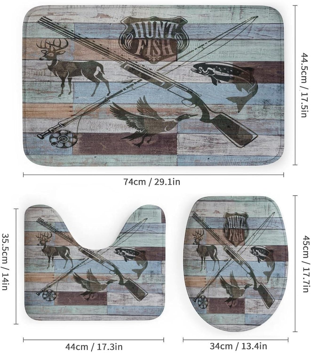 Rustic Hunting Theme Wood Board Shower Curtain Set 4 Pcs, Cabin Farmhouse Forest Animal Deer Fish Ducks Bathroom Curtains Non-Slip Rugs Bath Mat Toilet Lid Cover