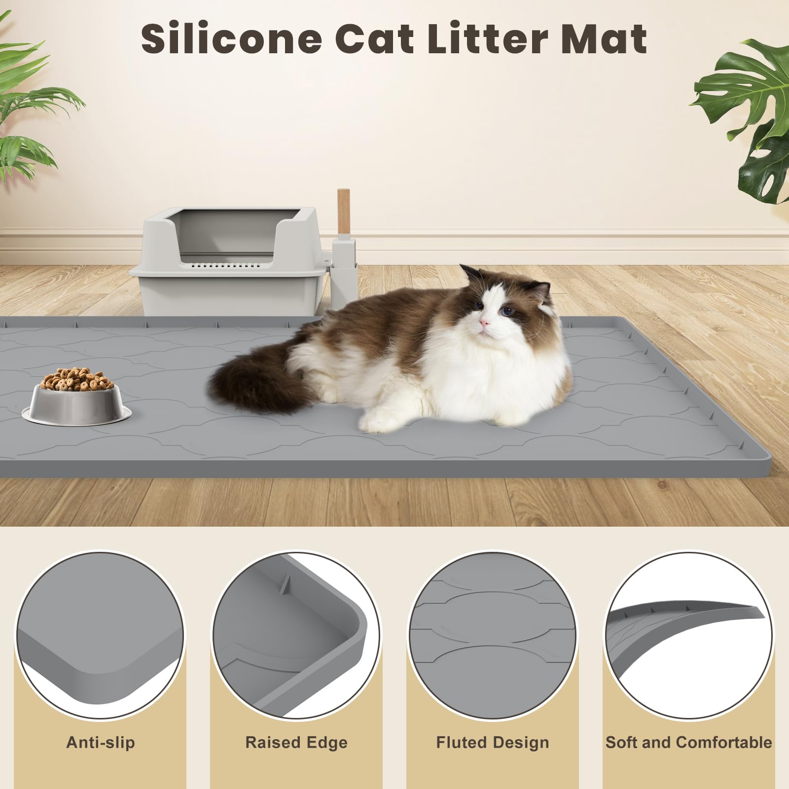 KIXCVDM Tappetino Lettiera Gatto in Silicone,Taglia Grande Tappeto Lettiera Gatti, Facile Da Pulire,Morbido Sulle Zampe Del Gatto,Impermeabile,Anti-Urina,Tappetino con Bordo (Argento L)