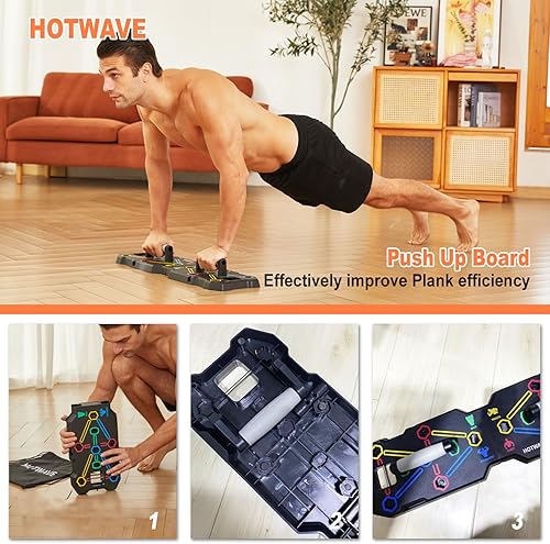Miniatura 4 de HOTWAVE Equipo de entrenamiento portátil con 20 accesorios de gimnasio. Tabla de empuje y tablón, banda de resistencia con rueda de rodillo