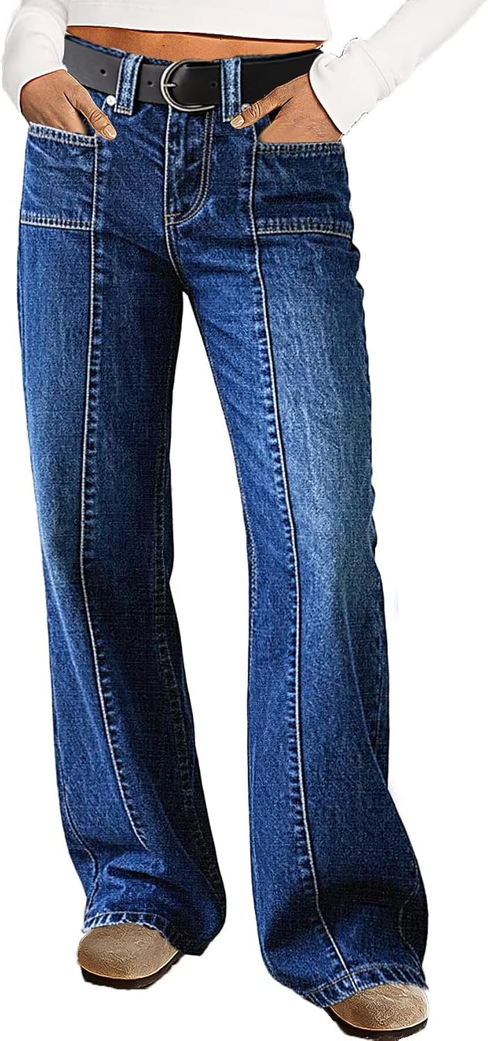 Flamingals Straight Leg Baggy Jeans for Women Mid Rise Wash Seam Front Boyfriend Wide Leg Jeans Casual Denim Pants