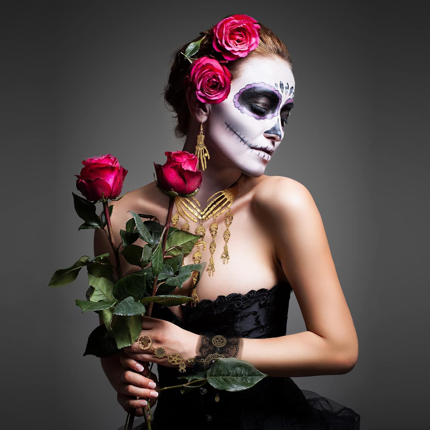 Bonuci Halloween Pirate Jewelry for Women Pirate Skeleton Tassel Charm Necklace Collar Bib Gothic Lace Team punk Bracelet Skull Dangle Earrings Horror Set, Gold - Image 4