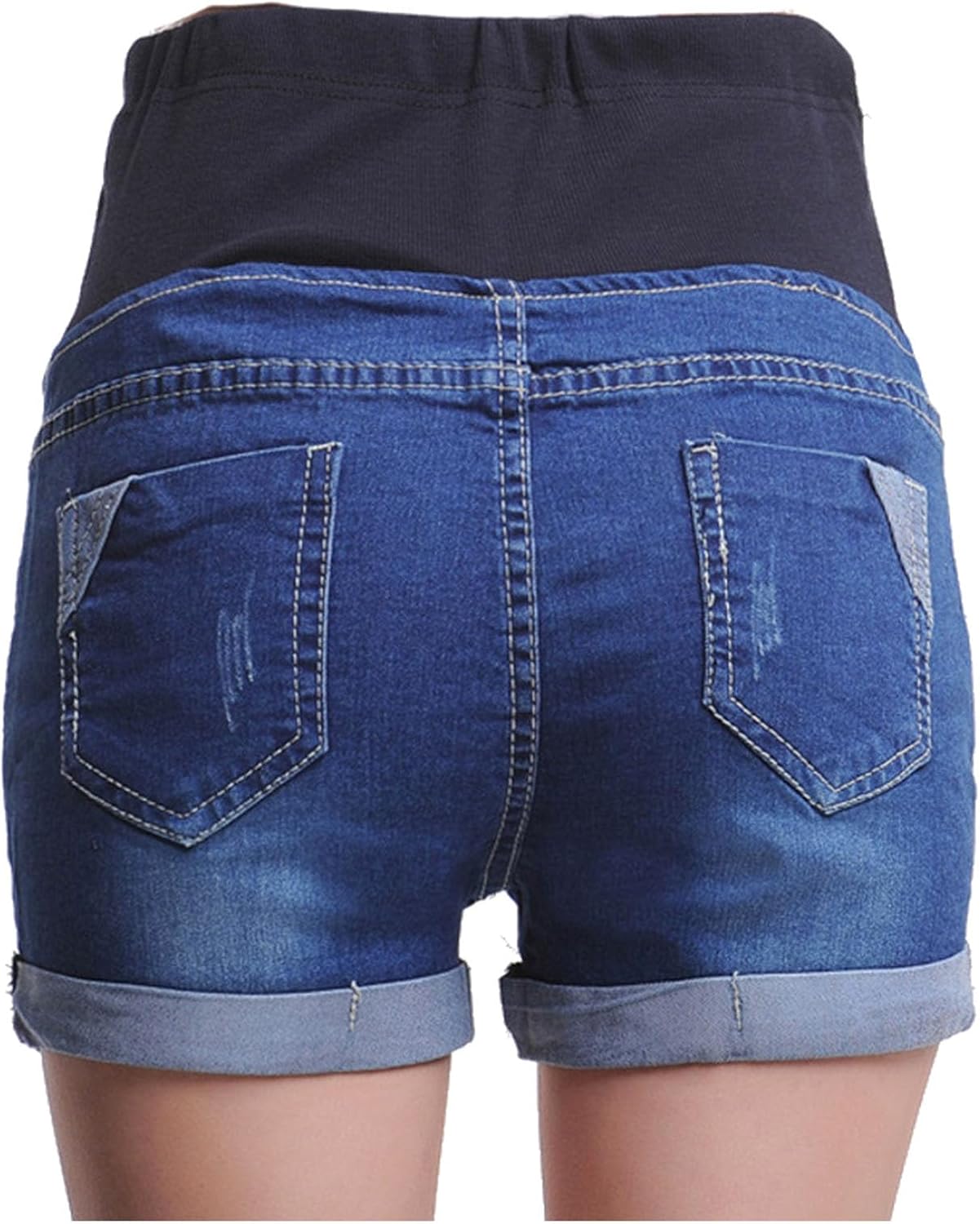 Women's Denim Shorts Over the Belly Maternity Bump Support Cuffed Rolled | Hem Stretch Jean Pregnancy Shorts with Pockets