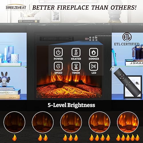 Miniatura 37 de BREEZEHEAT Soporte de TV eléctrico con chimenea de 36 pulgadas de hasta 80 pulgadas, centro de entretenimiento LED con puertas de alto brillo,