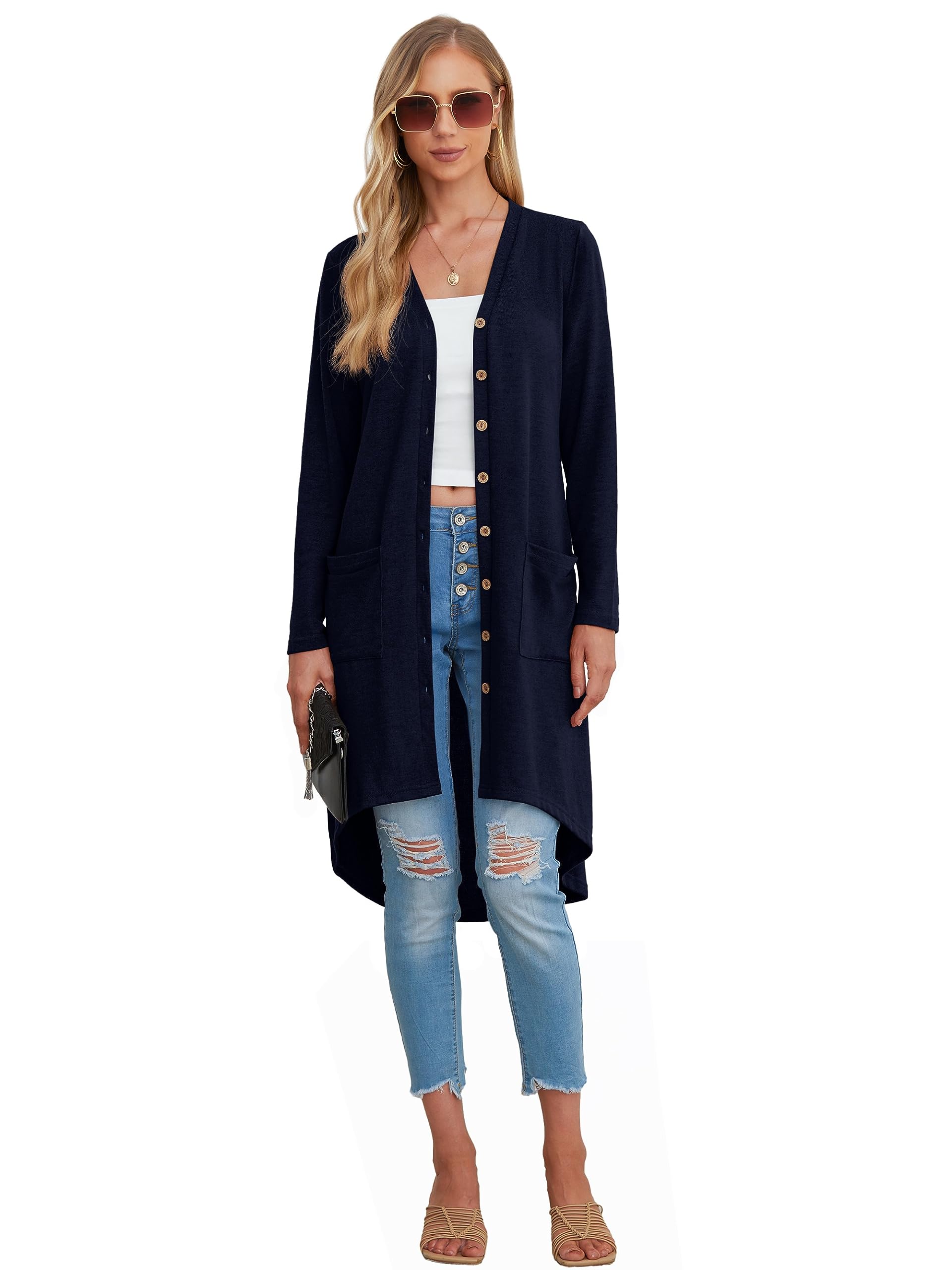 GRECERELLE Cardigan Lungo da Donna Cardigan Elegante a Manica Lunga Laterale con Bottoni e Tasche