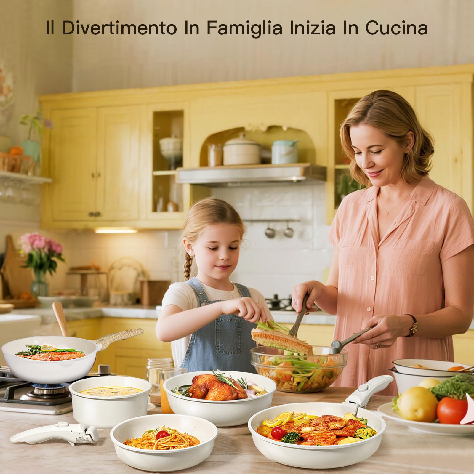 Set Di 8 Pentole E Padelle Con Manici Rimovibili, Pentole Con Rivestimento Antiaderente In Ceramica, Set Di Padelle Pressofuse Per Piano Cottura A Induzione, Set Di Pentole Con Padelle