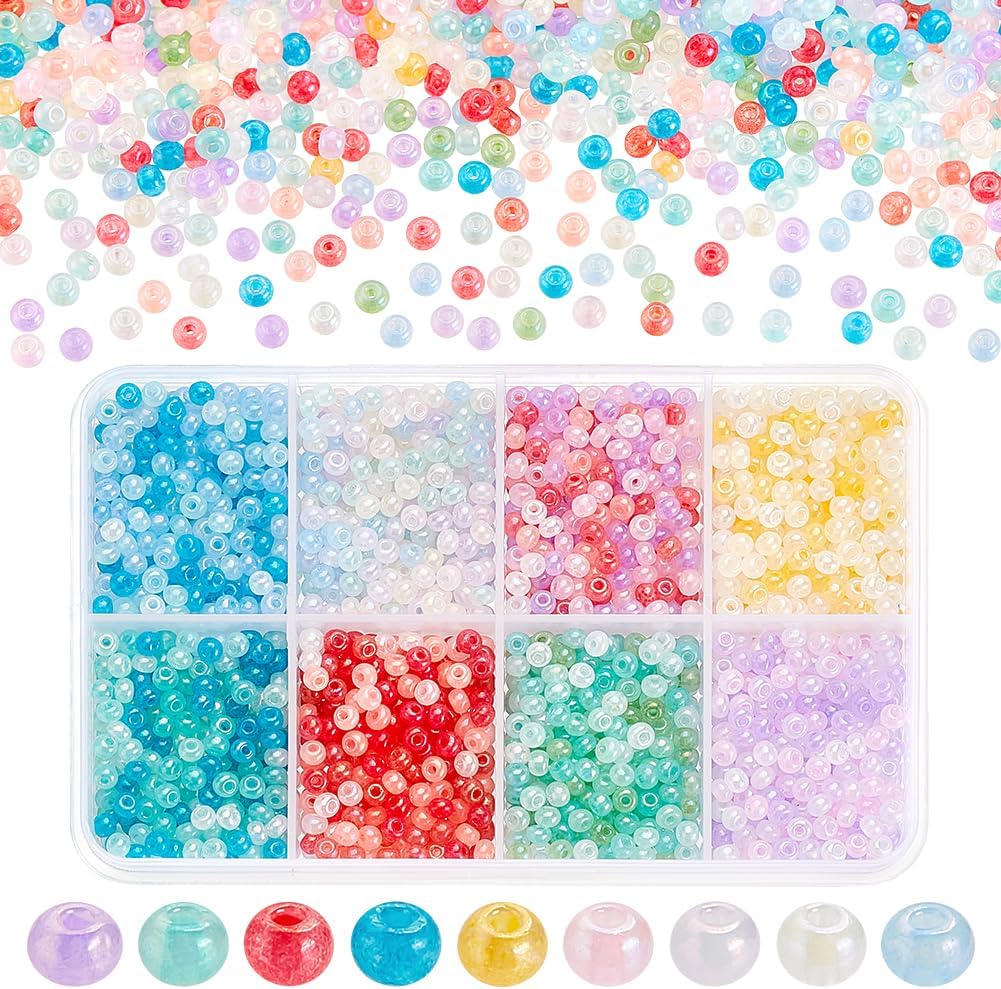 PH PandaHall 2104pcs 3mm Creamy Cloudy Seed Beads 8 Colors Bracelet Glass Beads Round Loose Spacer Beads Small Macaron Beads Glass Round Beads for Bracelet Necklace Jewelry Making DIY Crafts