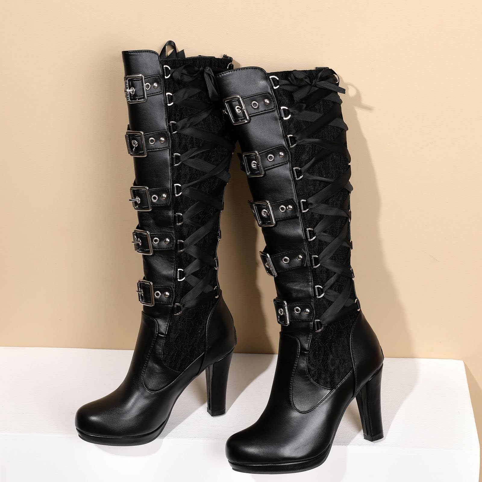 Women Lace Goth Knee High Boots Buckle Block Heel Lace Up Knee Boots Punk Platform Back Zipper Riding Combat Bootie: Black 5