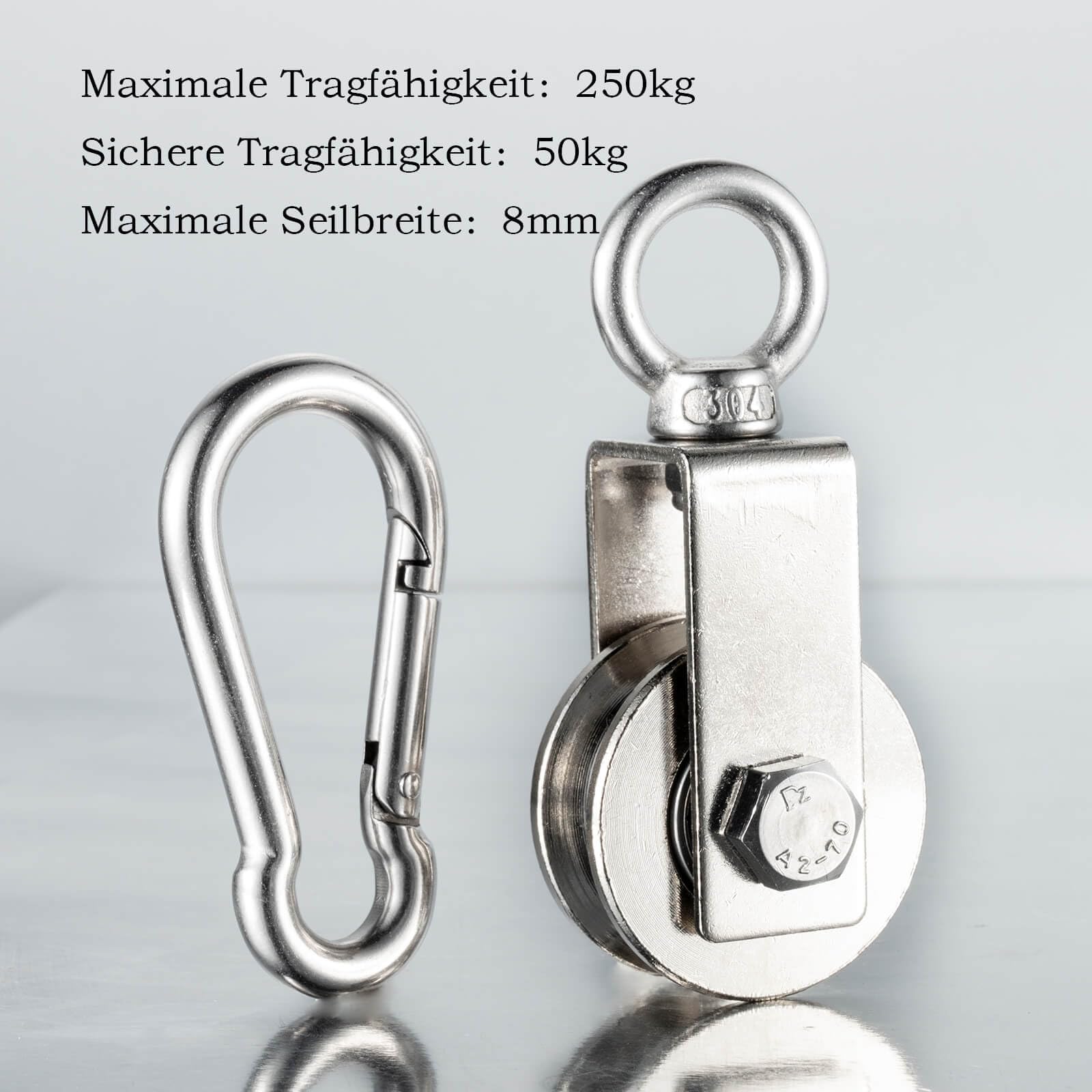 40mm Umlenkrolle mit 2 Kugellager, Edelstahl Fitness flaschenzug mit 10m Nylon Seile und Clip，Umlenkrollen für 8mm Seile Stahlseil, Tragkraft 200kg
