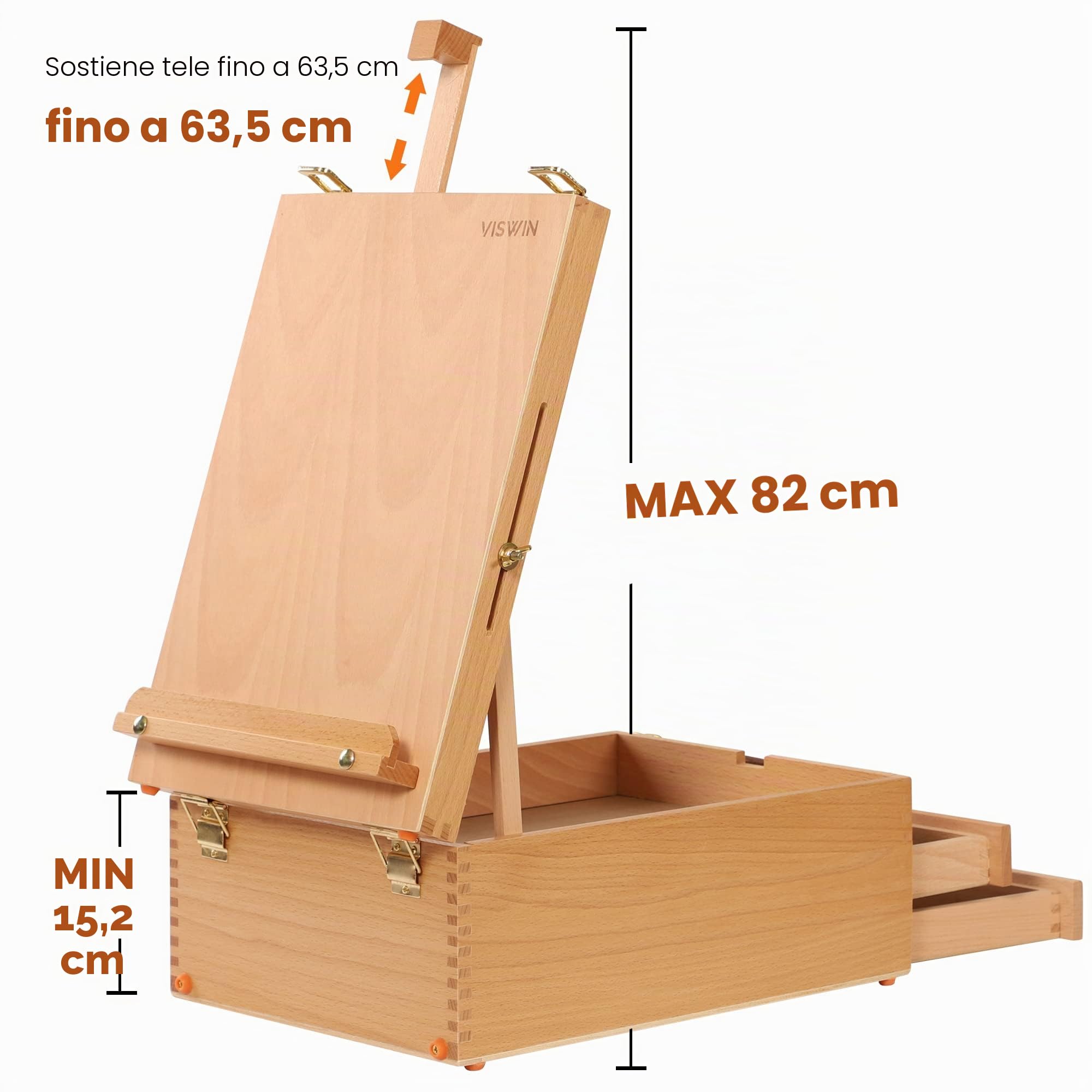 VISWIN Grande Scatola per Cavalletto da Tavolo con 3 Cassetti, Scatola Portatile per Cavalletti in Legno di Faggio per Dipingere Tele, Materiale Artistico, Adulti, Principianti, Artisti