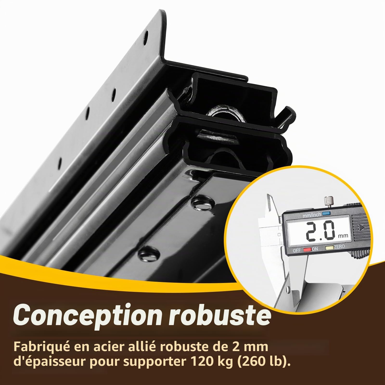 Lot de 2 glissières pour charges lourdes - Montage au sol - 1000 mm - 2250 mm - Glissières de tiroir avec roulement à billes - Pour escaliers, armoires murales et armoires - 120 kg