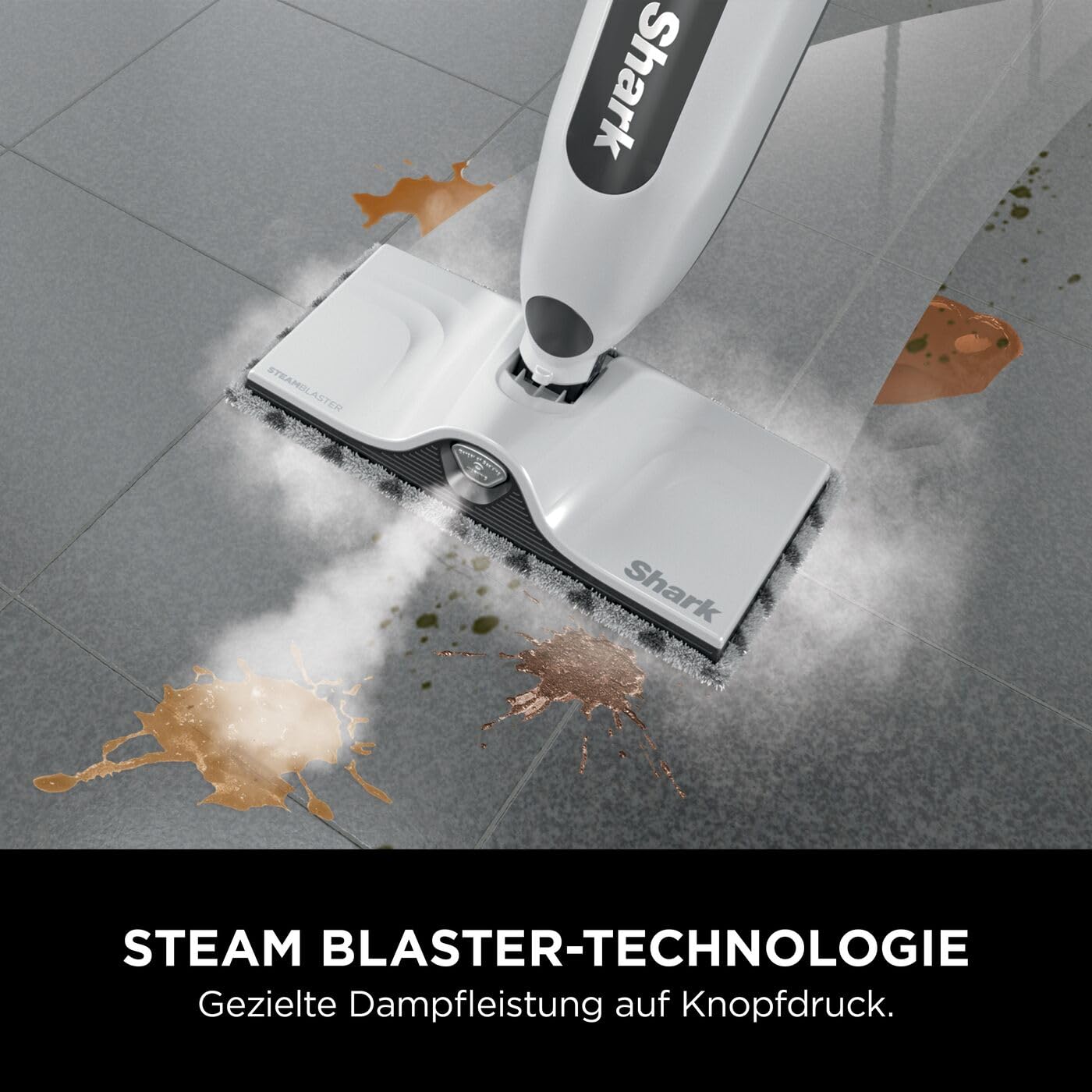 Shark SteamSpot mit Steam Blaster-Technologie für Hartböden, Leichter Dampfreiniger, chemiefreie Reinigung, Abnehmbarer Wassertank, 2 waschbare Dirt Grip Soft-Scrub-Pads, White & Poly Copper S2001EU