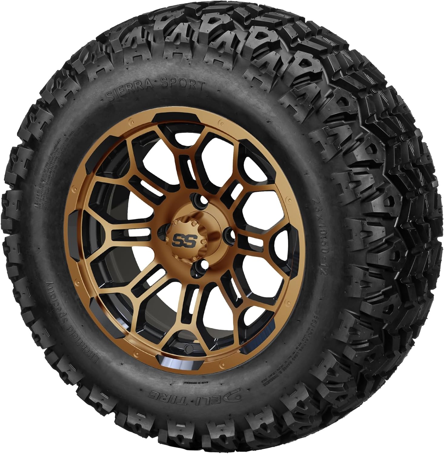 RM Cart 12" Hercules Black/Machined on 23x10.50-12 Sierra Sport Tires (Set of 4) | Golf Cart Tires and Wheels Combo with Standard Lug Nuts